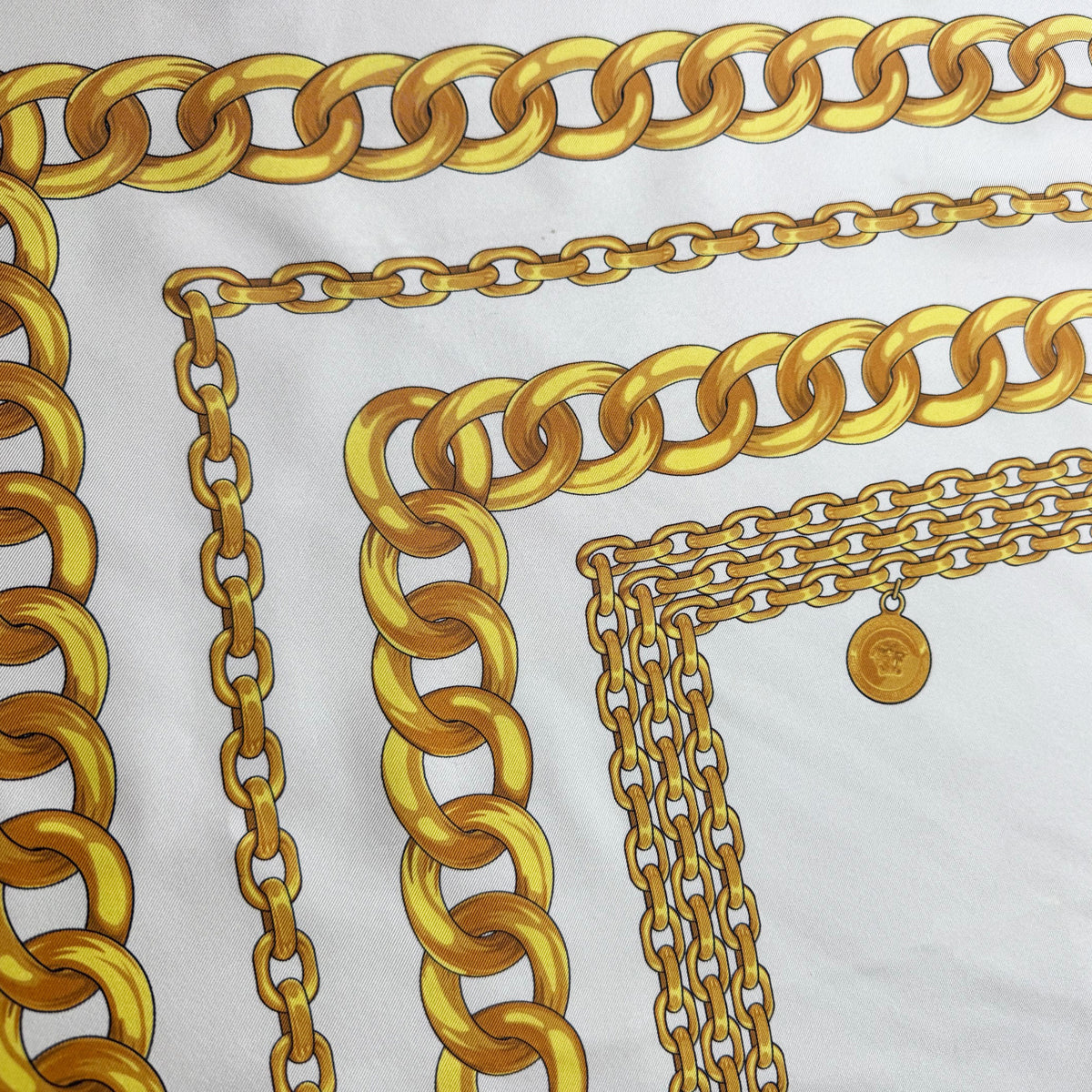 Versace Scarf Gray Gold Chain Charm - Twill Silk Square Foulard