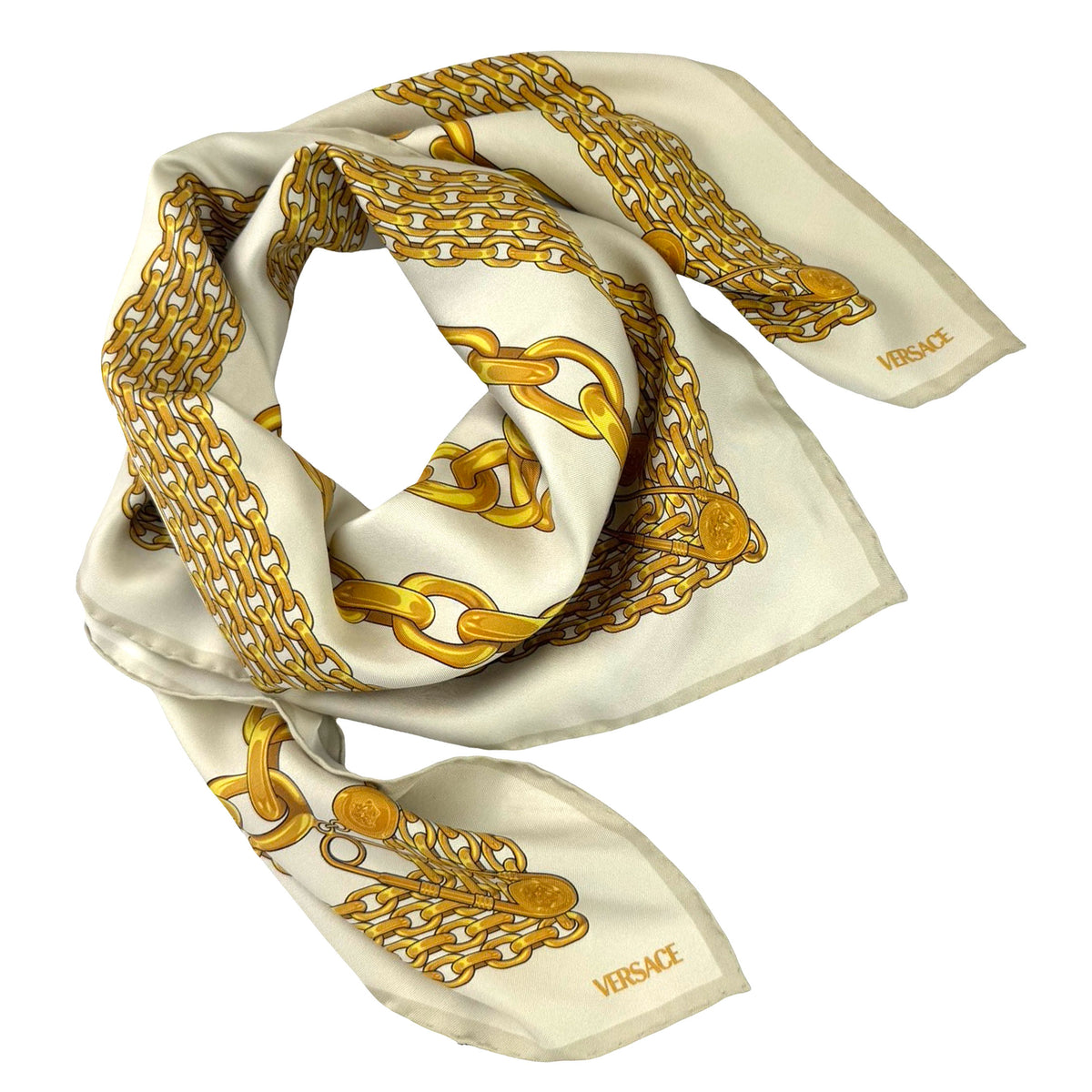 Versace Scarf Gray Gold Chain Charm - Twill Silk Square Foulard