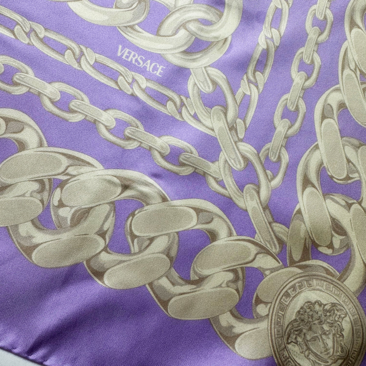 Versace Scarf Lilac Gray-Silver Chain &amp; Medusa Charms - Twill Silk Square Foulard