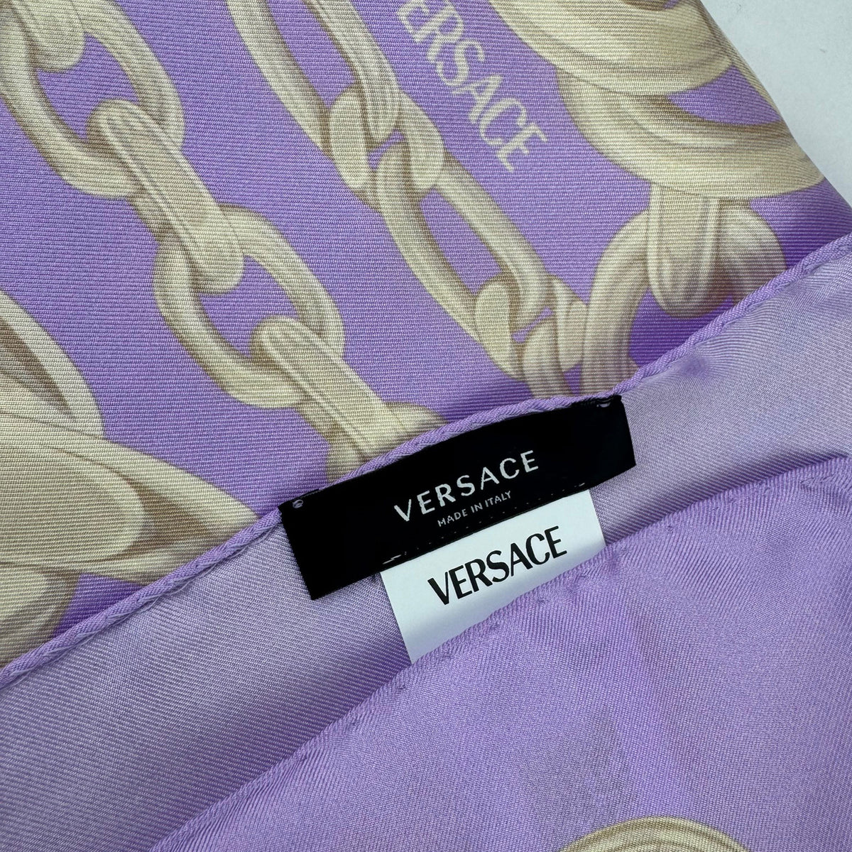 Versace Scarf Lilac Gray-Silver Chain &amp; Medusa Charms - Twill Silk Square Foulard