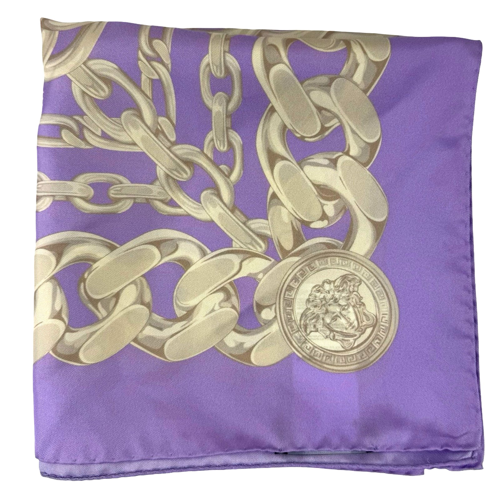 Versace Scarf Lilac Gray-Silver Chain & Medusa Charms - Twill Silk Square Foulard