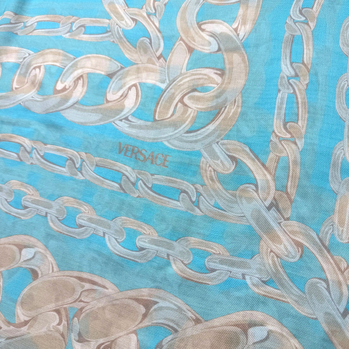 Versace Scarf Aqua Blue Gray-Silver Chain &amp; Medusa
