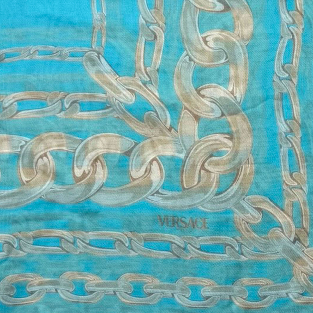 Versace Scarf Aqua Blue Gray-Silver Chain &amp; Medusa - Extra Large Square Shawl