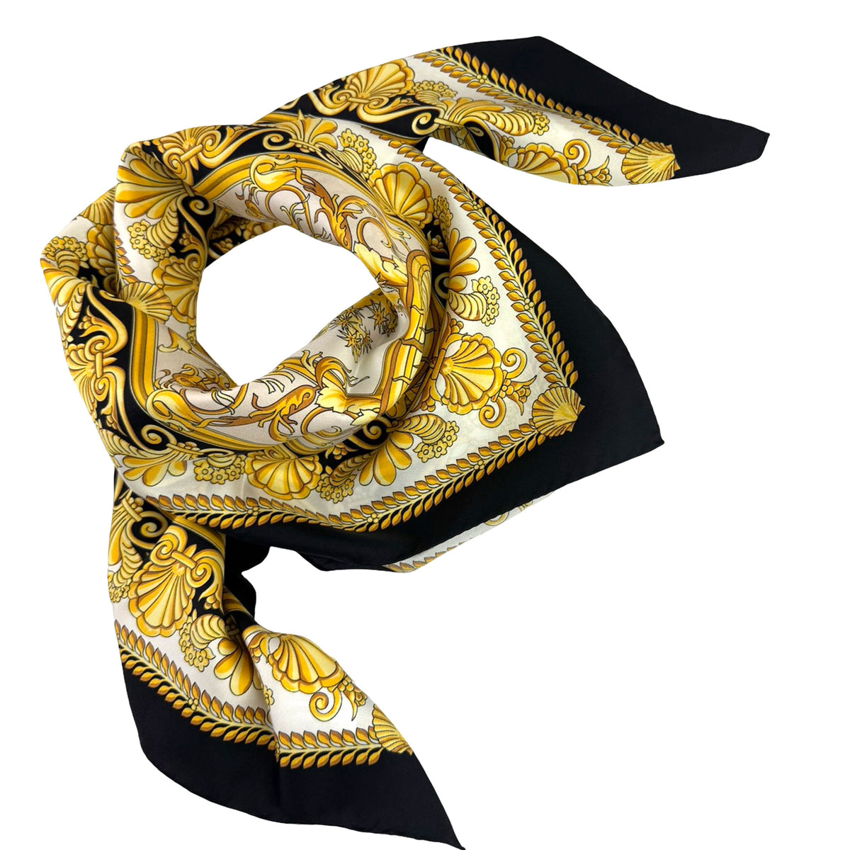 Versace Silk Scarf Black Gold White Design - Twill Silk Square Foulard