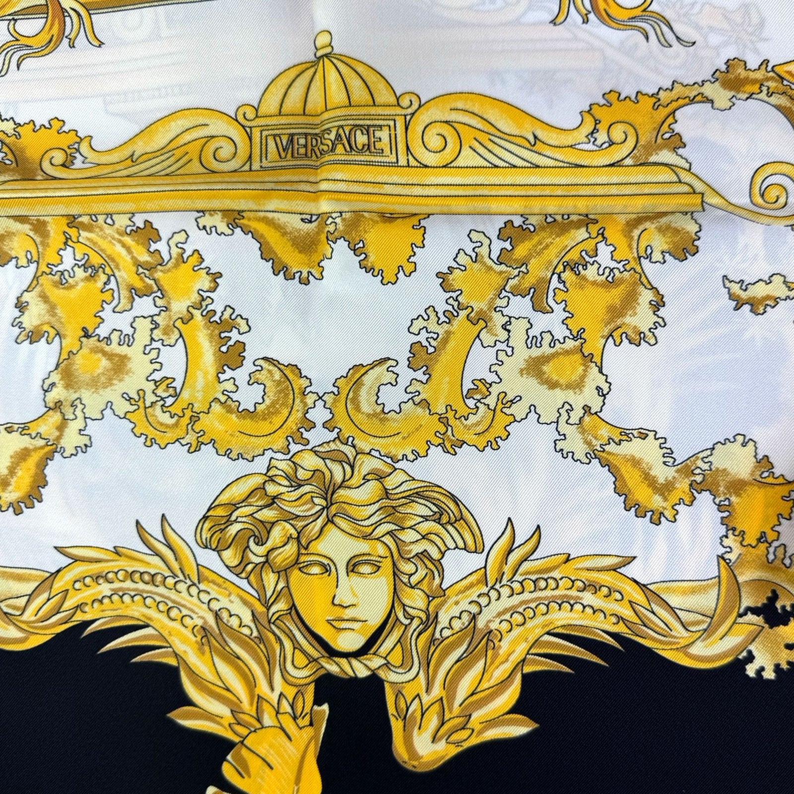 Versace Silk Scarf Black Gold White Design - Twill Silk Square Foulard
