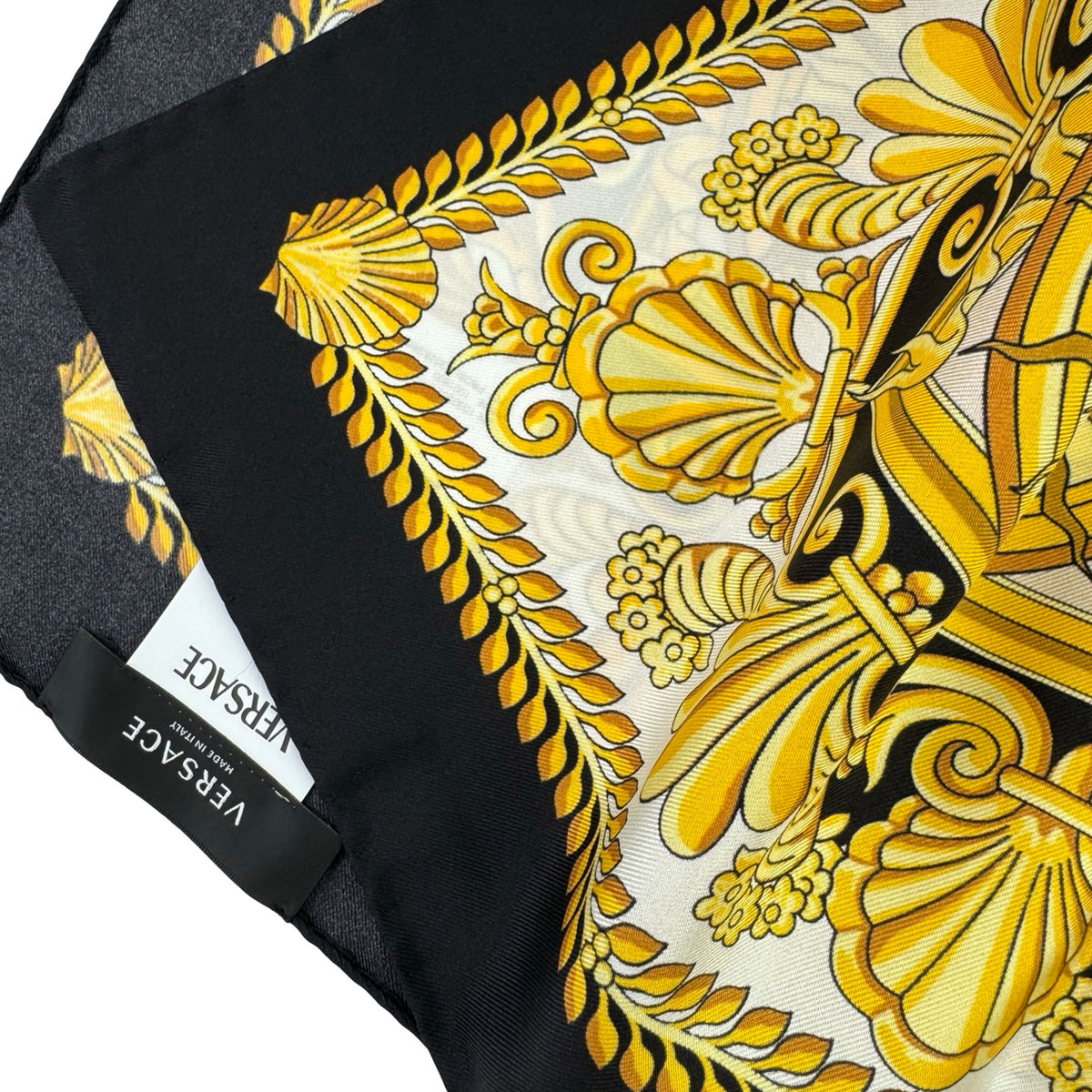 Versace Silk Scarf Black Gold White Design - Twill Silk Square Foulard