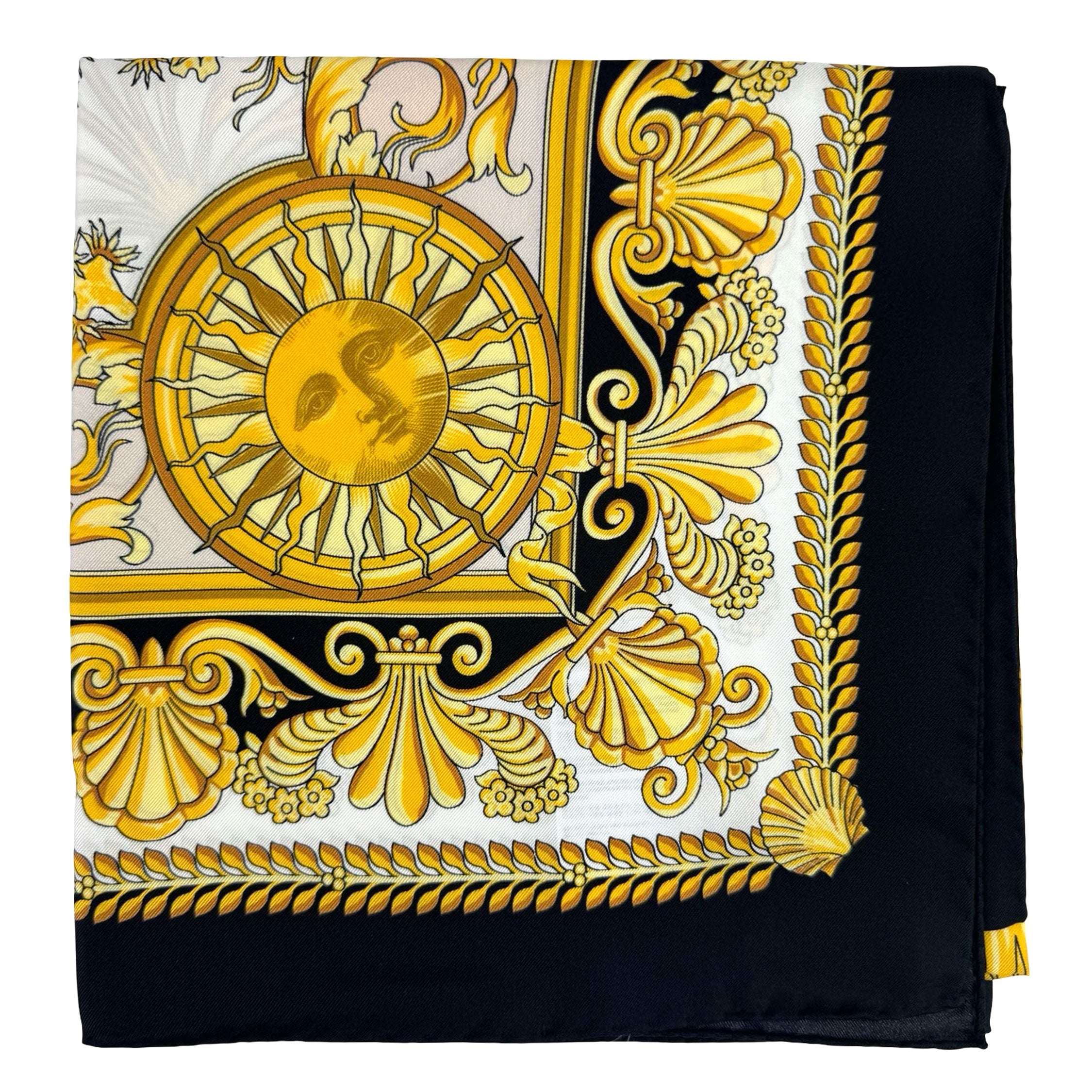 Versace Silk Scarf Black Gold White Design - Twill Silk Square