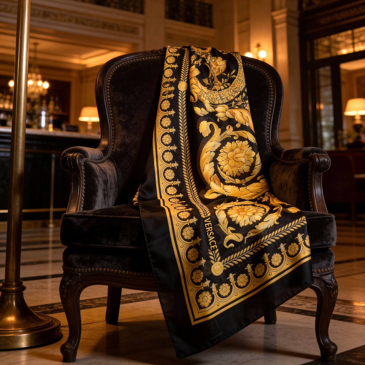 Versace Scarf Black Gold Barocco &amp; Skulls - Extra Large Square Wrap