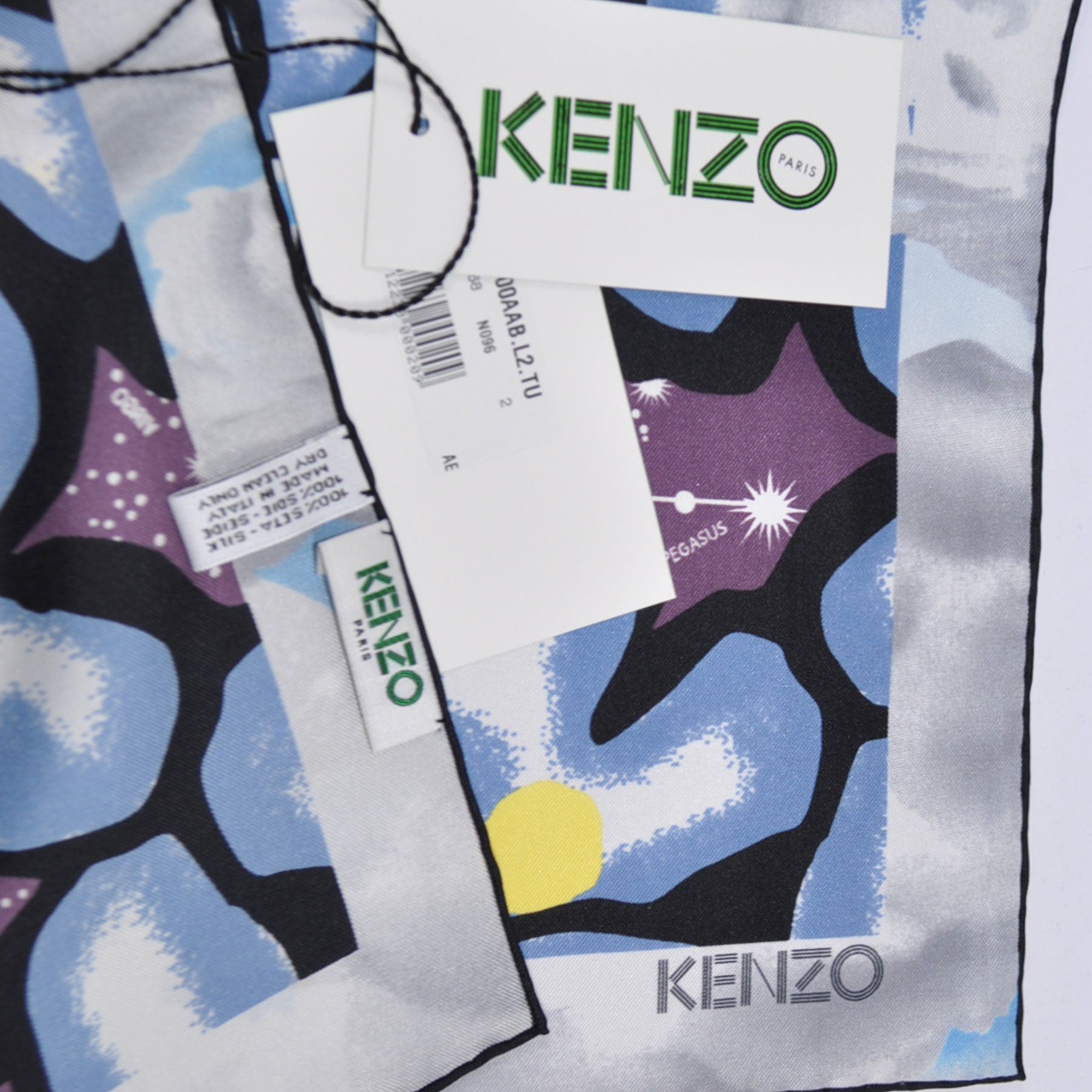 Kenzo Scarf Midnight Blue Floral Horoscope Print Silk Large Square Scarf