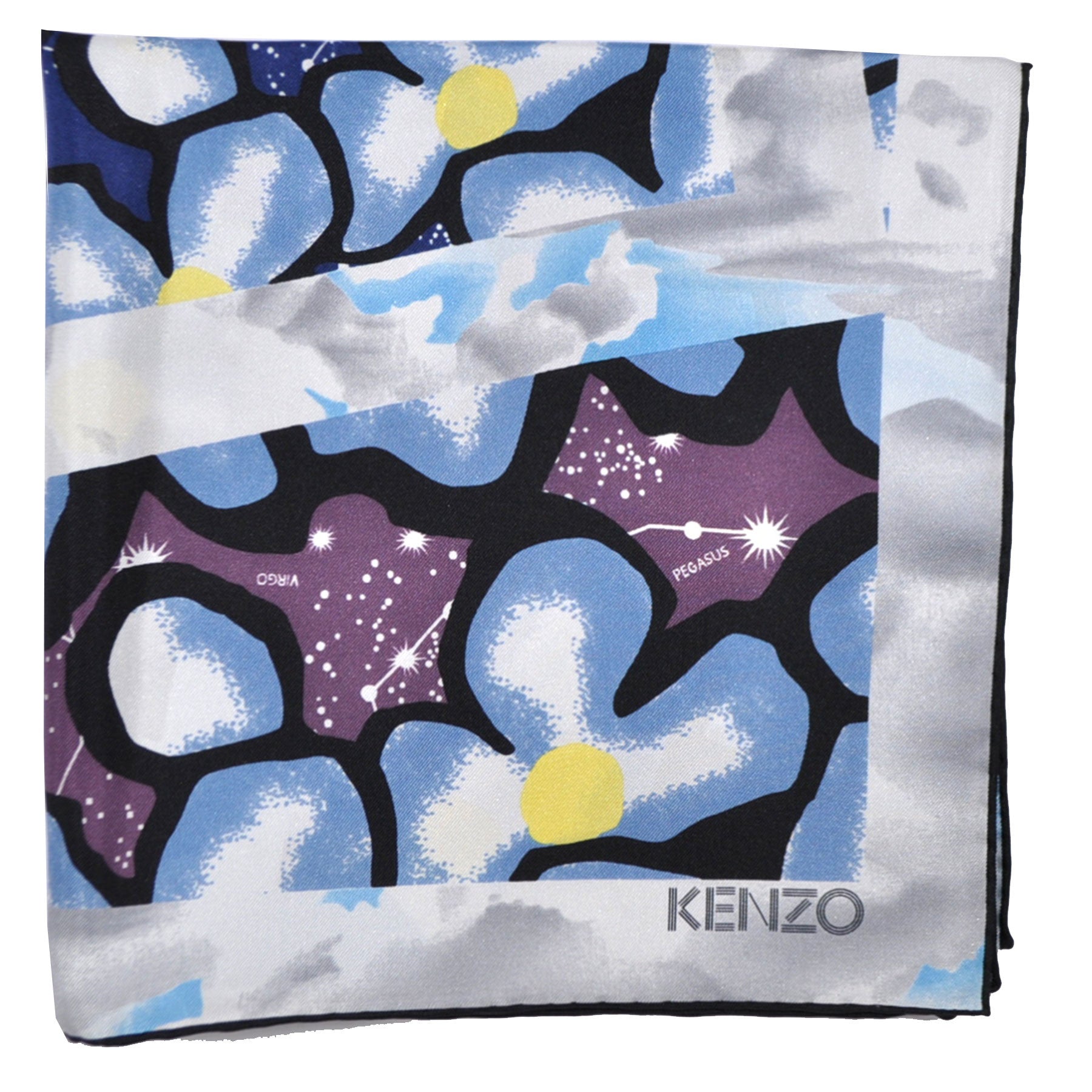 Kenzo Scarf Midnight Blue Floral Horoscope Print Silk Large Square Scarf