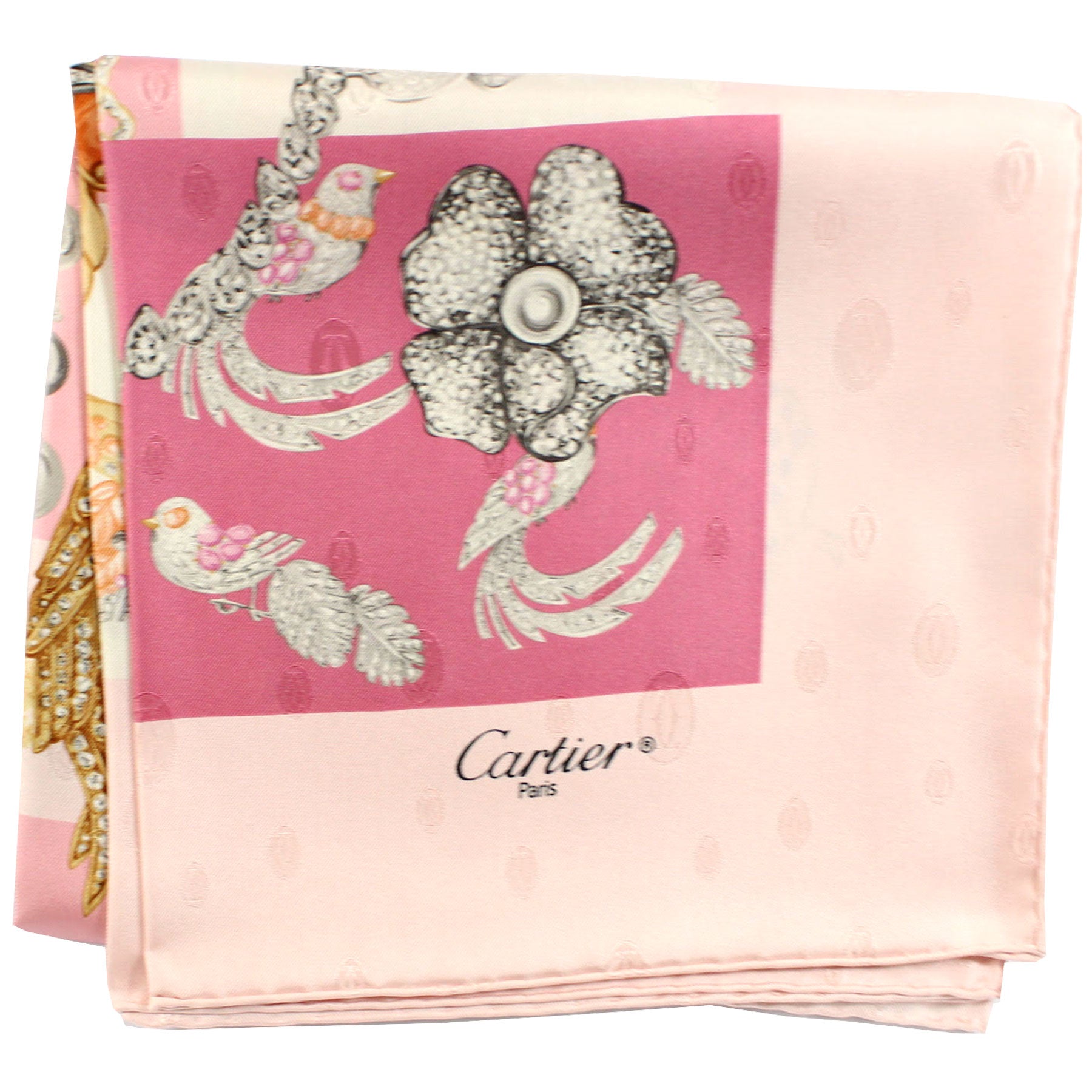 Cartier Scarf Pink Gold Floral - Twill Silk 36 Inch Square Foulard