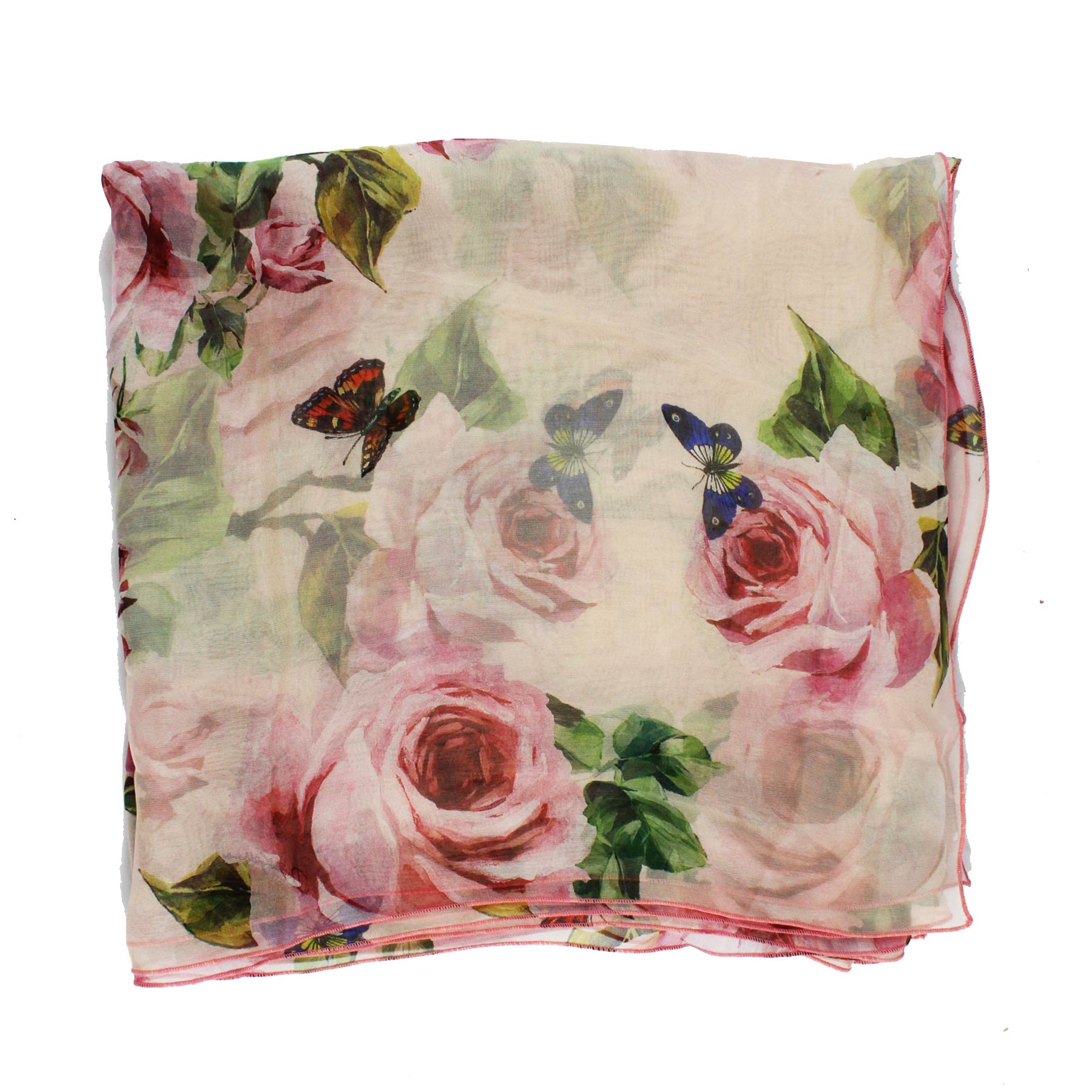 Dolce & Gabbana Scarf Pink Roses & Butterflies - Extra Long Chiffon Silk Shawl