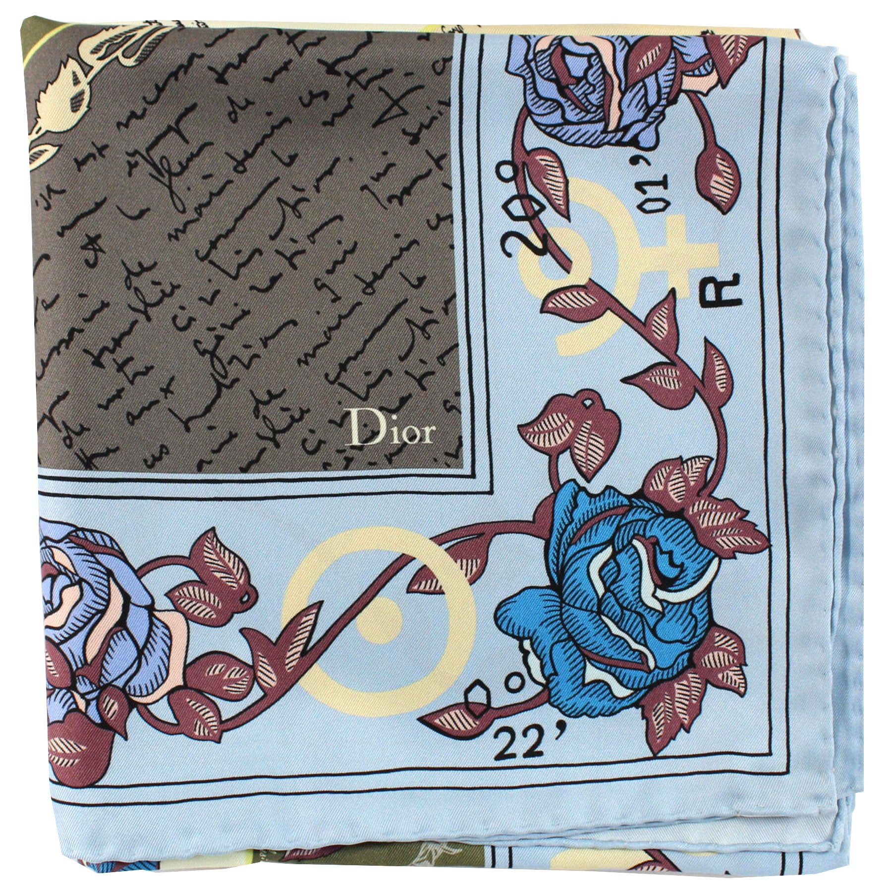 Dior Scarf Blue Roses & Novelty - Twill Silk Square Foulard