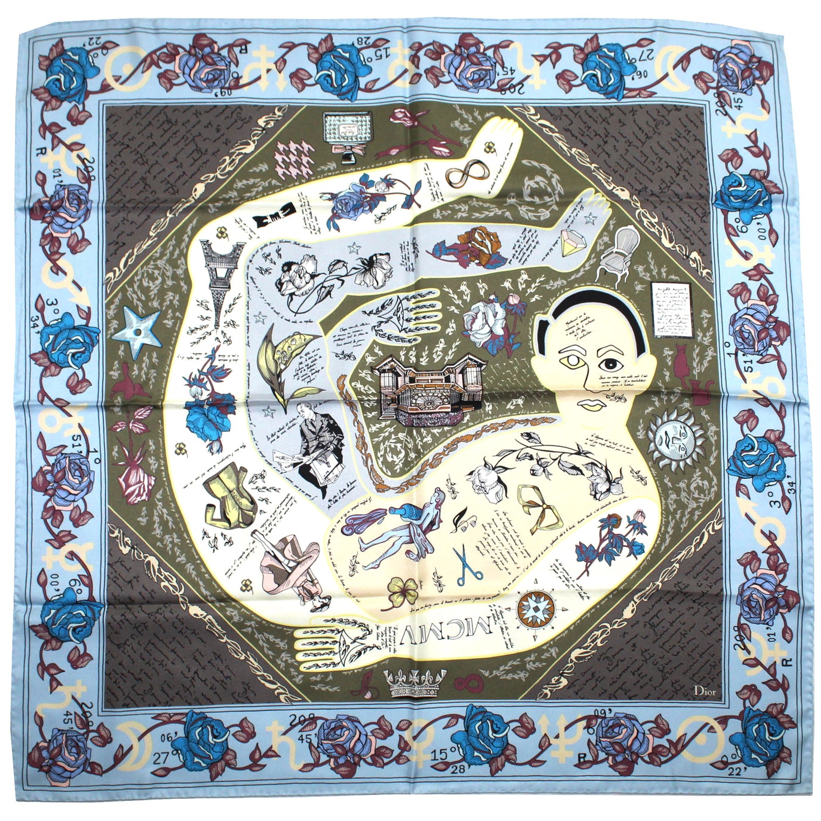 Dior Scarf Blue Roses & Novelty - Twill Silk Square Foulard