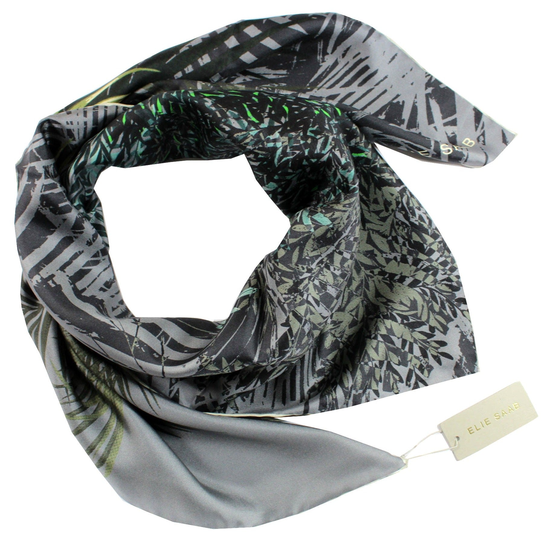 Elie Saab Silk Scarf Gray Green Forest - Large 36 Inch Square Foulard -  Como Milano