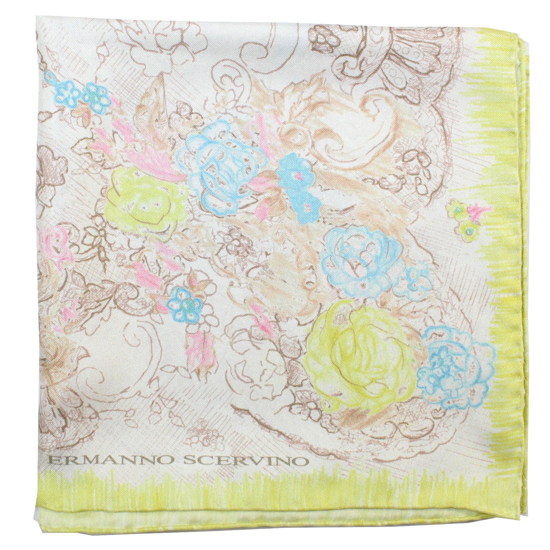 Ermanno Scervino Scarf Lime Purple Aqua Blue Floral Design - Large Twill Silk Scarf