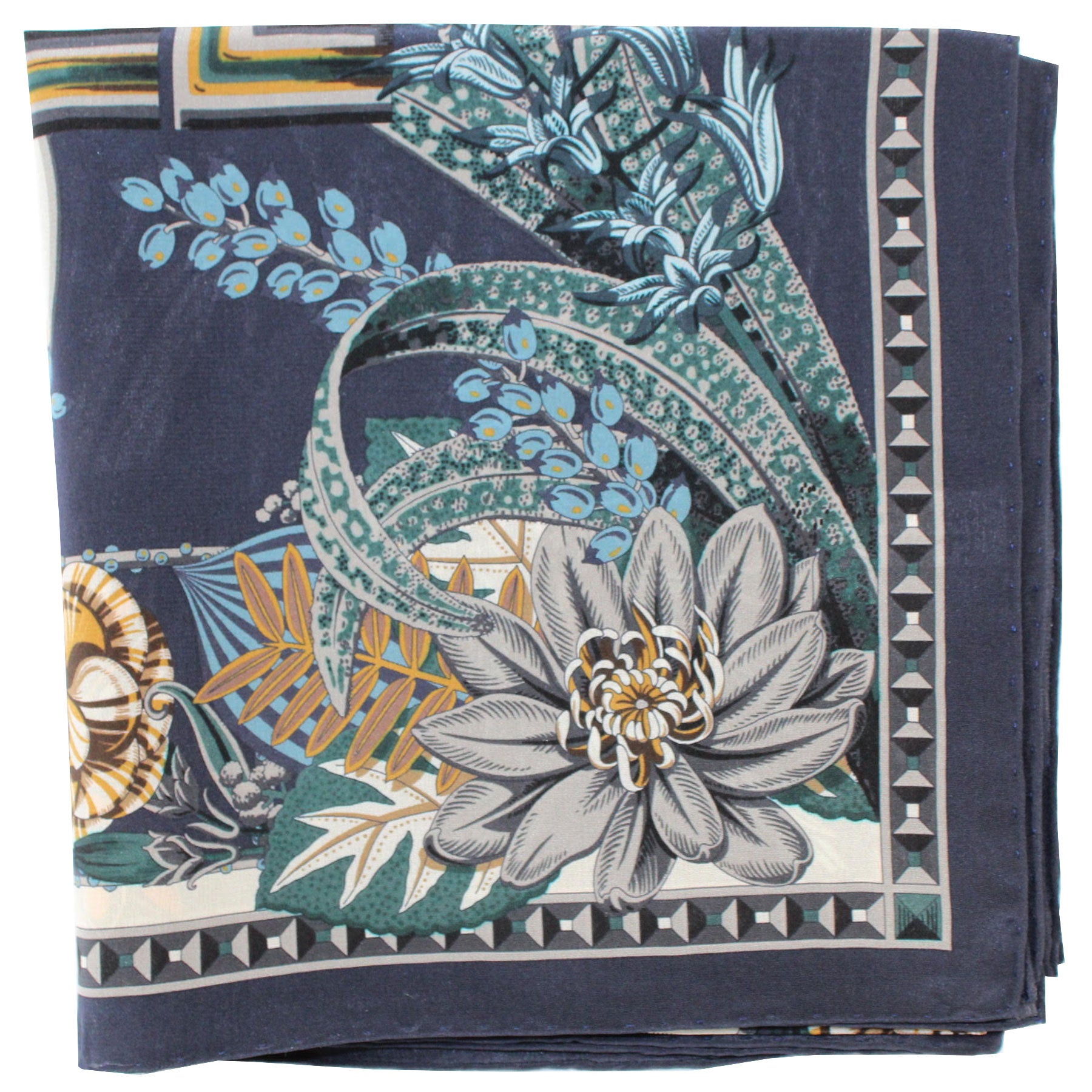 Salvatore Ferragamo Silk Dark Navy Green Orange Floral - Large 36" Square
