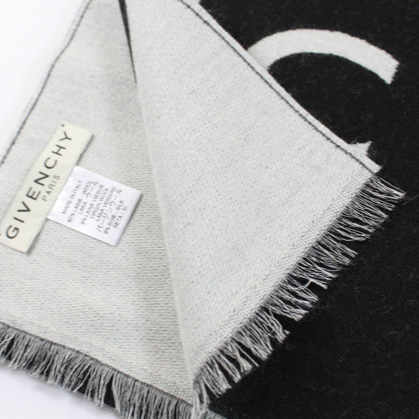 Givenchy Scarf Black White Signature Logo Design - Wool Silk