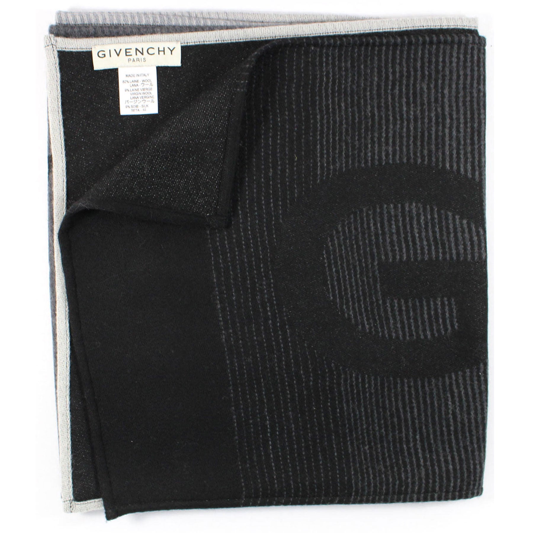 Givenchy Scarf Black Gray Logo Design - Wool Silk Shawl
