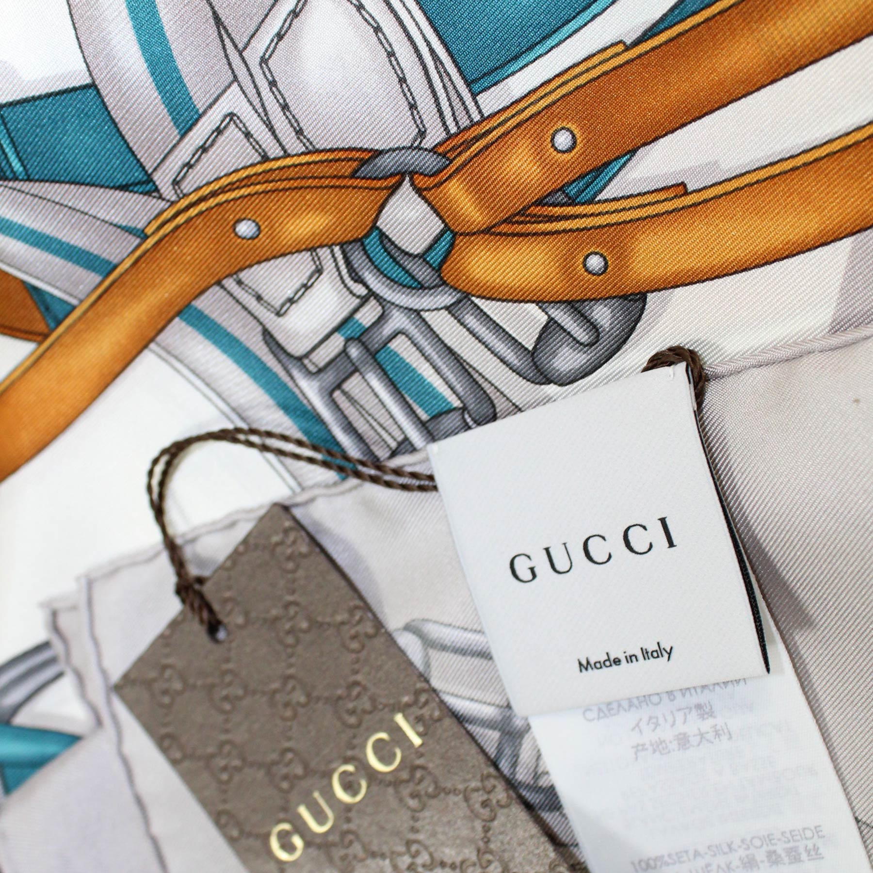 Gucci Scarf Gray Turquoise Brown Equestrian Discount Twill 