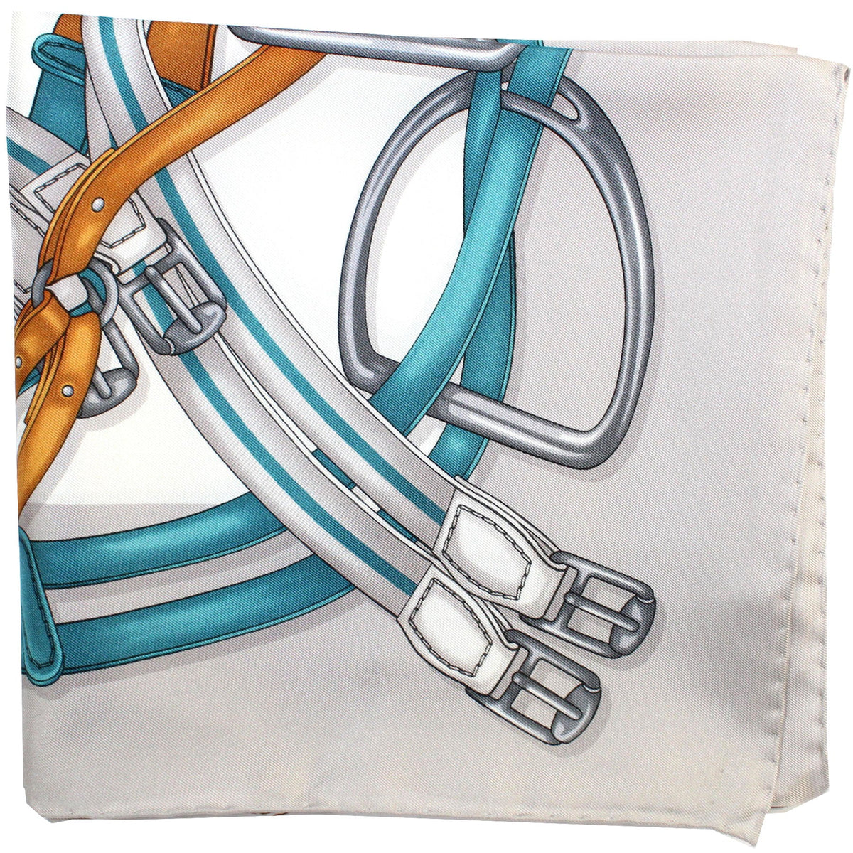 Gucci Scarf Gray Turquoise Brown Equestrian - 36&quot; Square Twill Silk Scarf