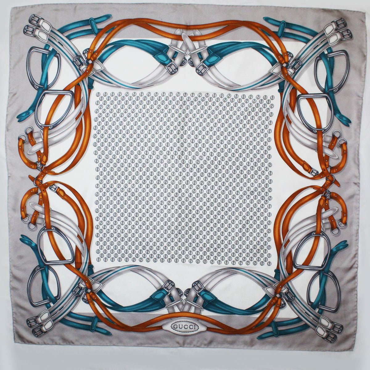 Gucci Scarf Gray Turquoise Brown Equestrian Design - 36 Inch Square Twill Silk Scarf