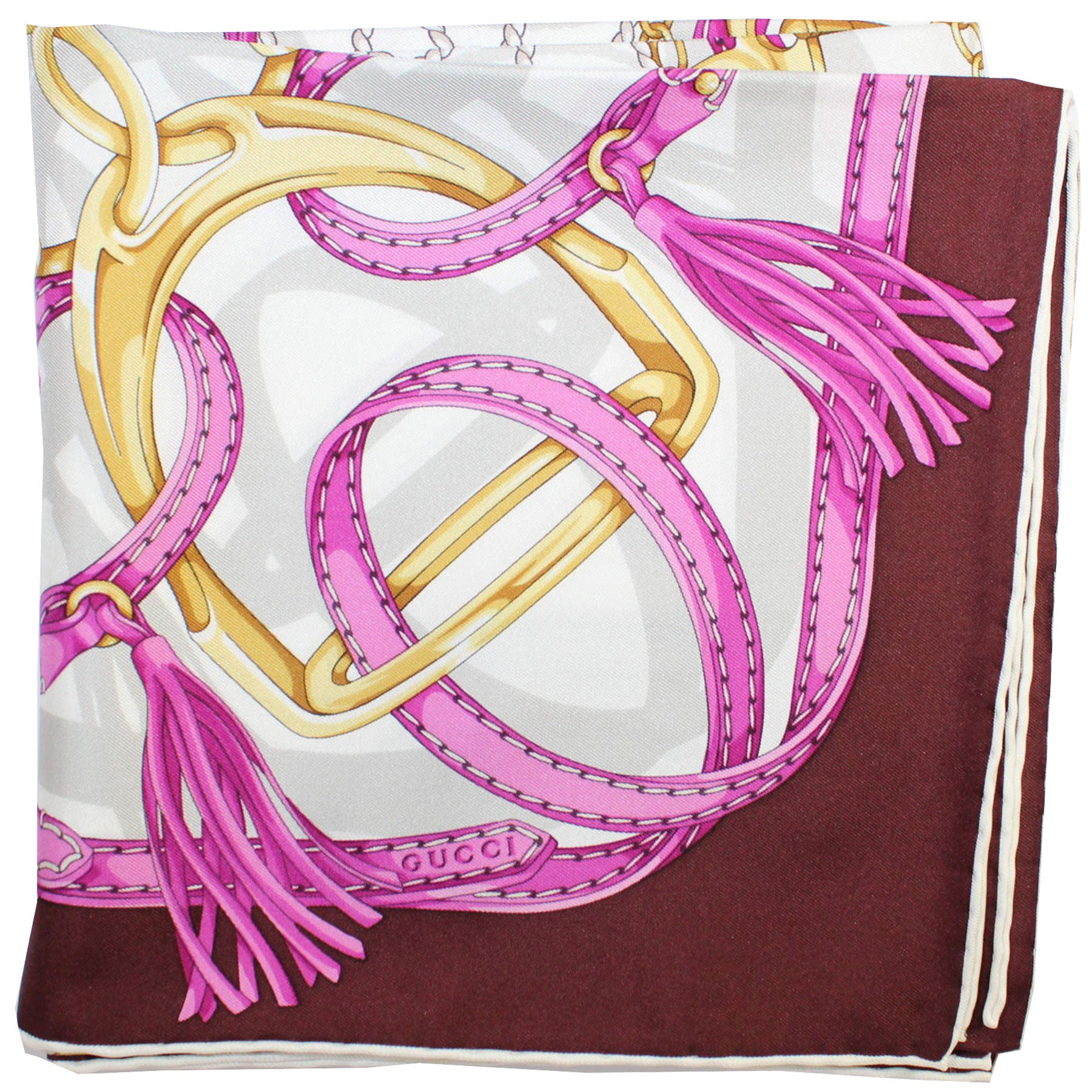 Gucci Scarf Maroon Pink Gold Equestrian Design - 36" Square Twill Silk Scarf