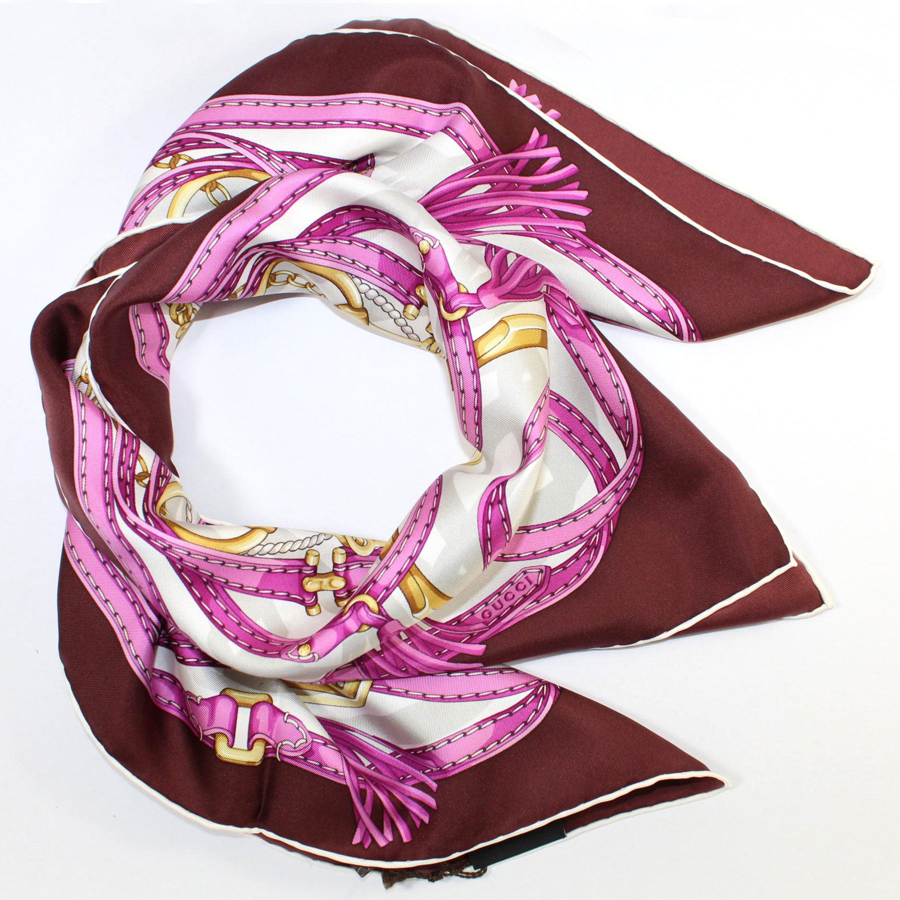 Gucci Scarf Maroon Pink Gold Equestrian Design - 36 inch Square Twill Silk Scarf