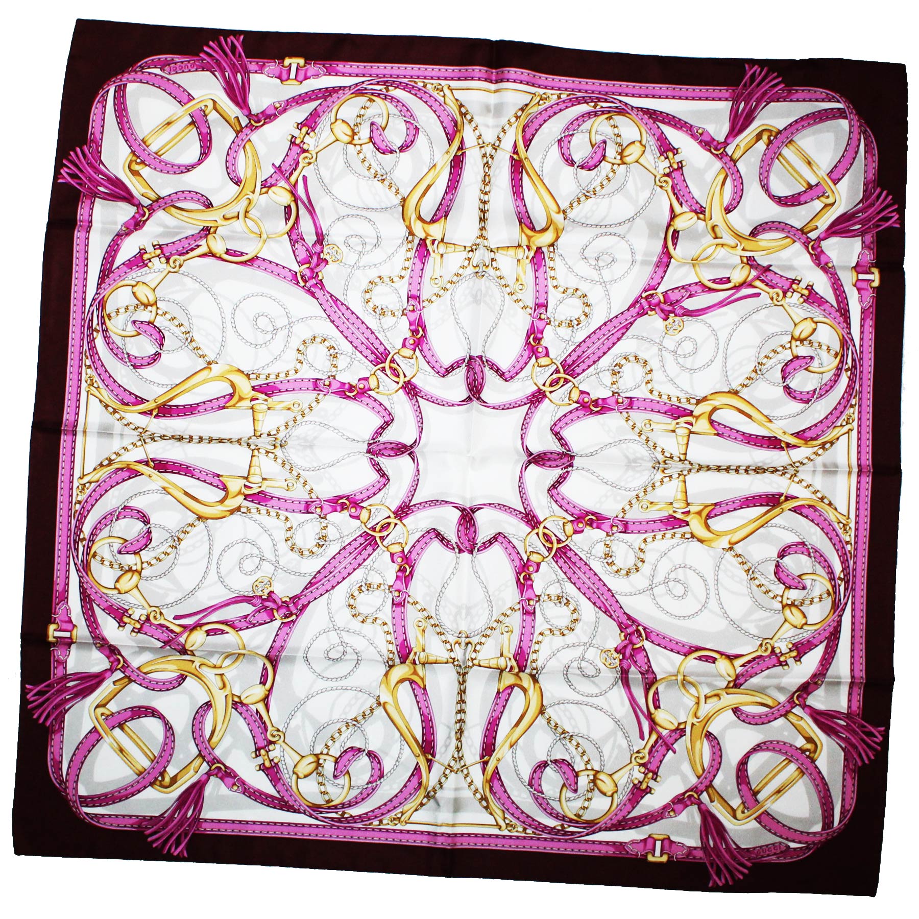 Gucci Scarf Maroon Pink Gold Equestrian Design - 36" Square Twill Silk Scarf