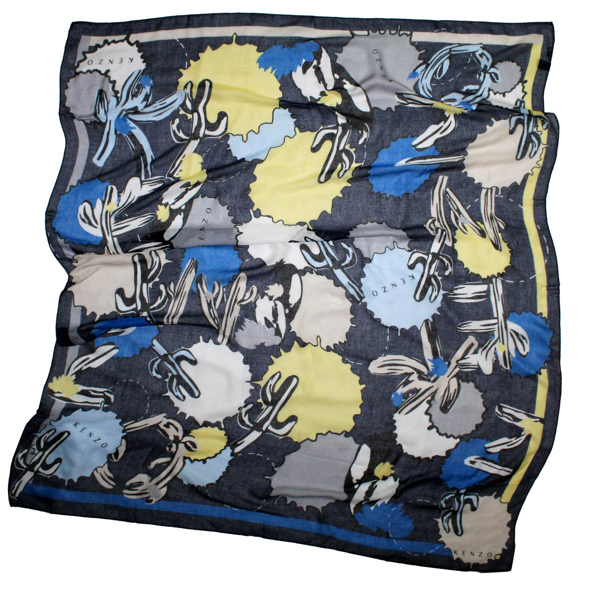 Kenzo Scarf Navy Blue Logo &amp; Cactus Extra Large Modal Linen Wrap FINAL SALE