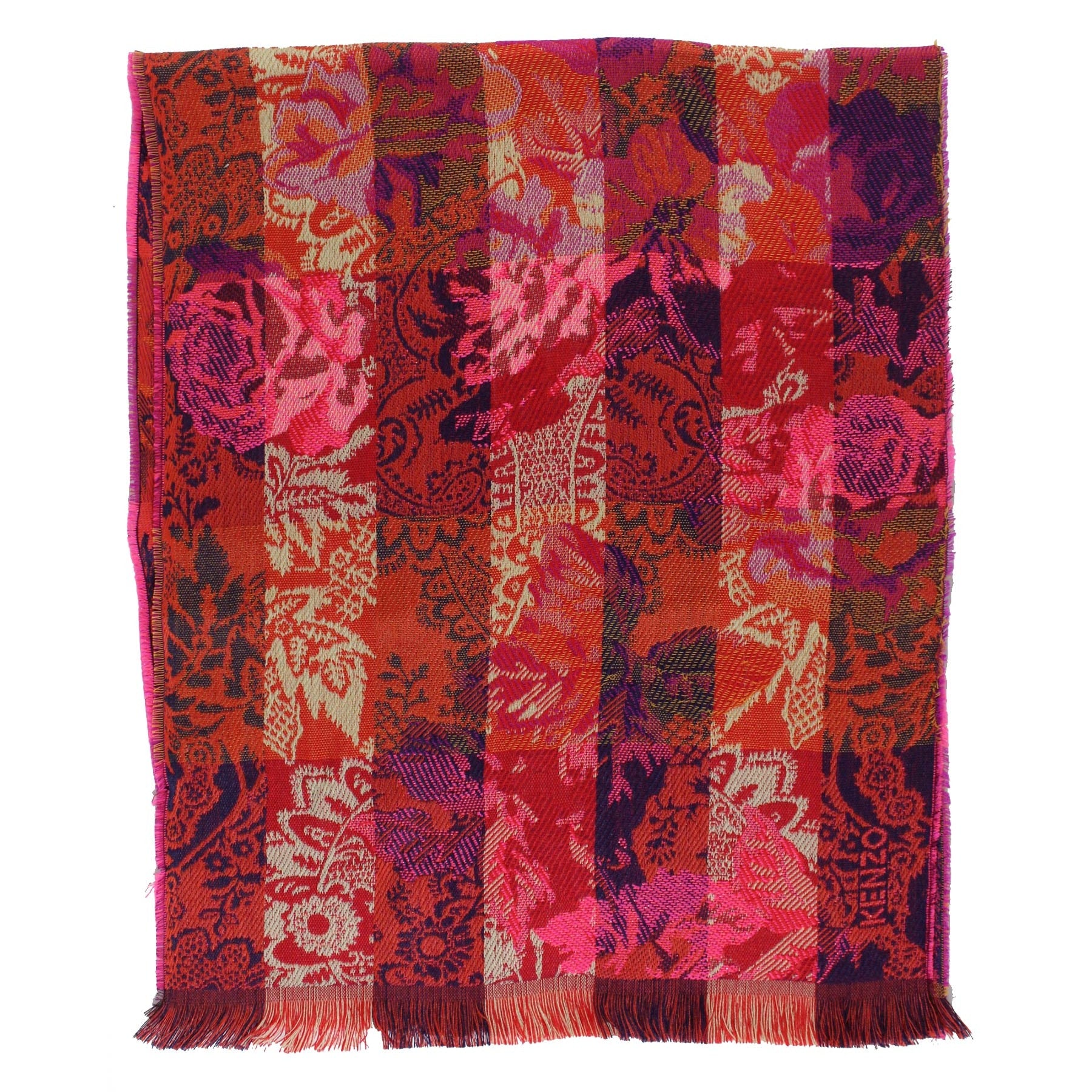 Kenzo Scarf Pink Red Yellow Floral Design - Wool Silk Shawl