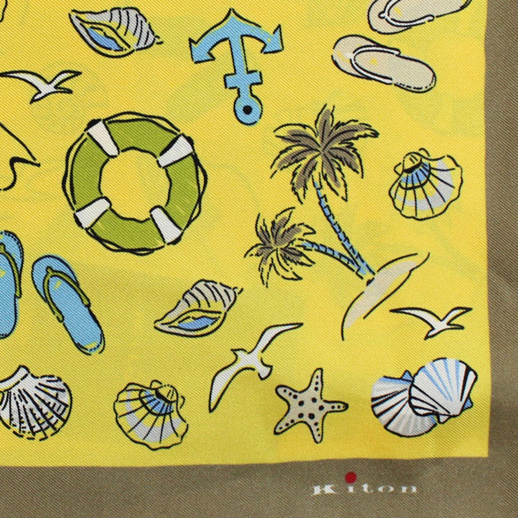 Kiton silk Scarf Yellow Beach Design - 36 Inch Square Twill Silk Foulard FINAL SALE