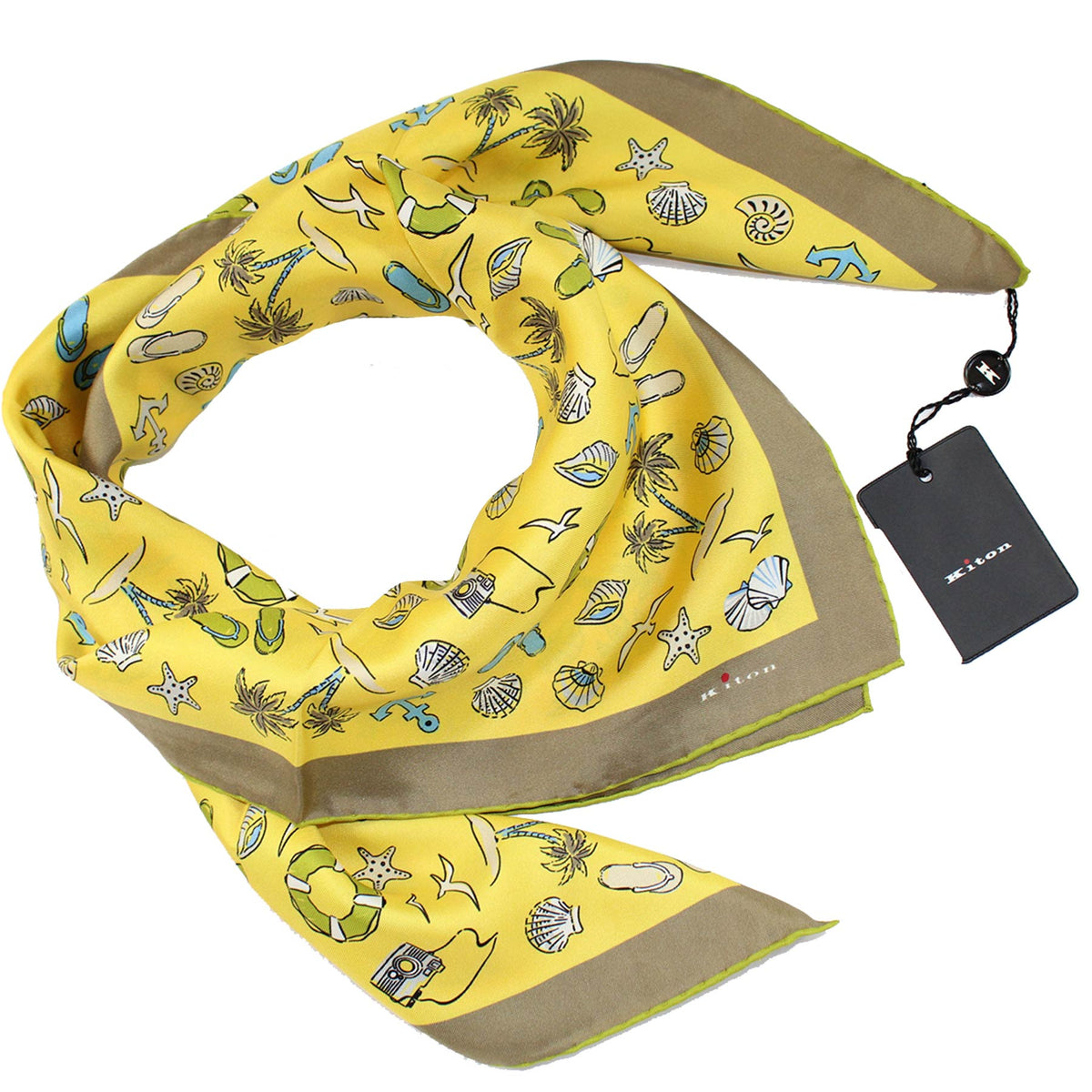 Kiton Scarf Yellow Beach Design - Twill Silk Foulard FINAL SALE