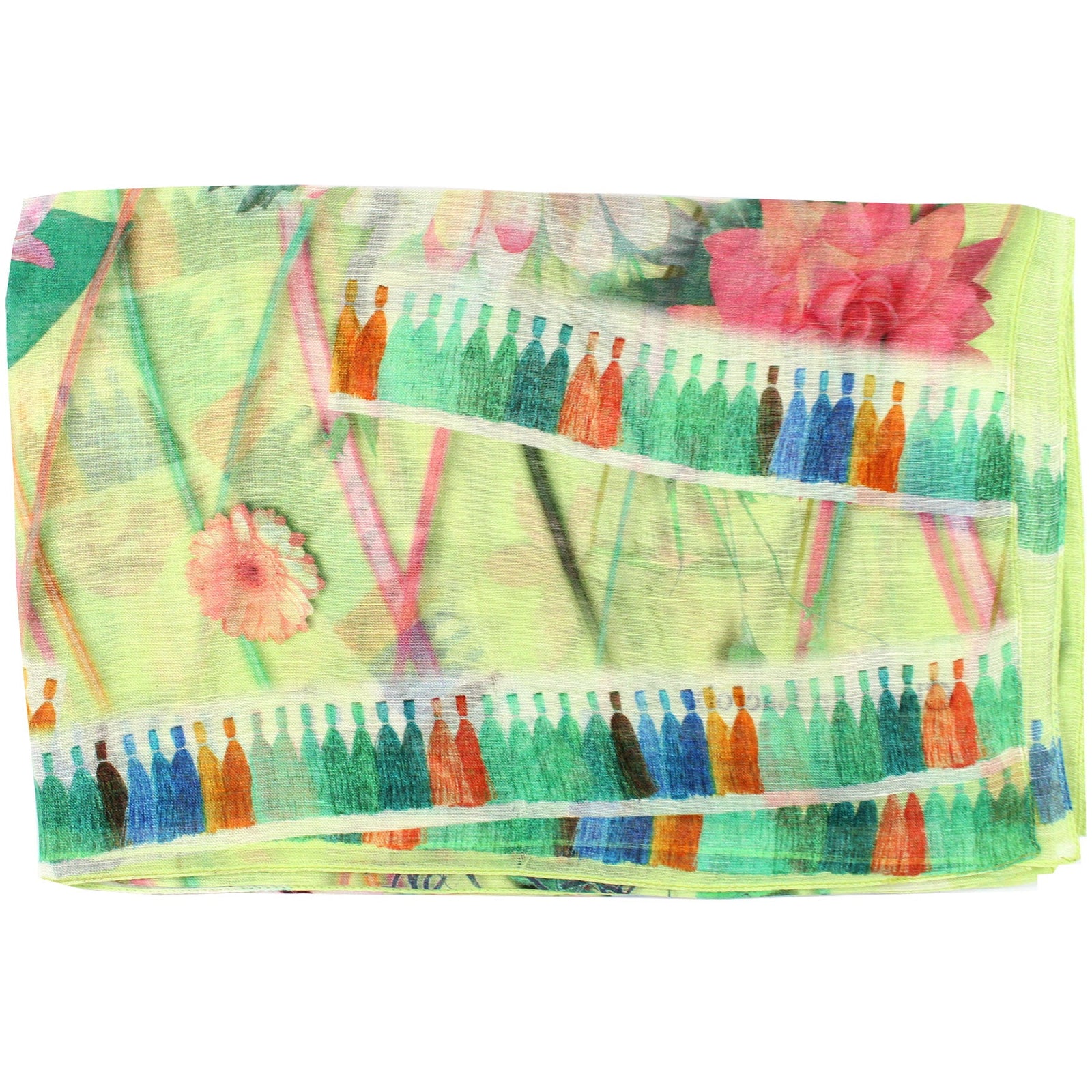 Christian Lacroix Scarf Original Print Green Pink Floral Design - Extra Large Modal Linen Silk Wrap