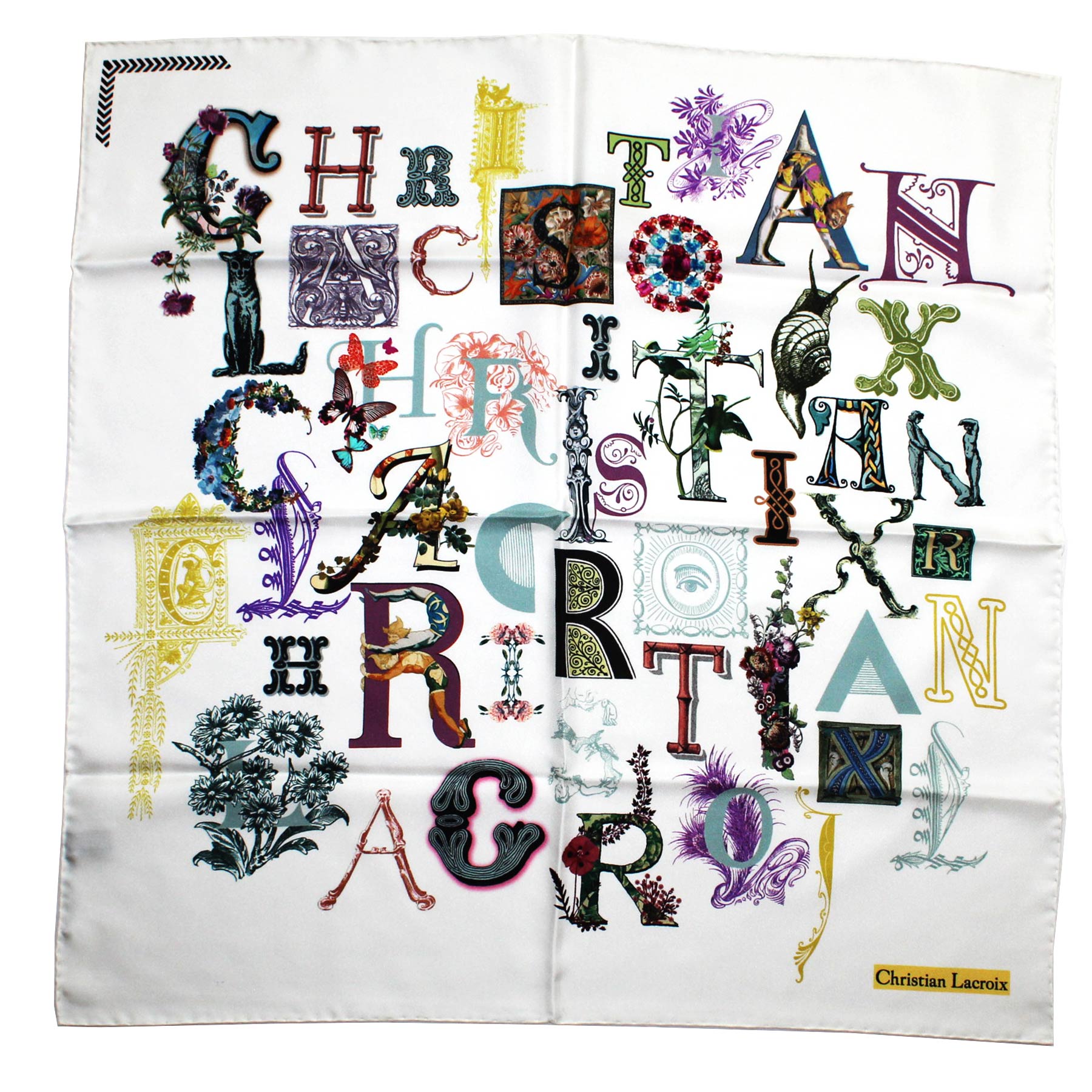Christian Lacroix Scarf White Letters Design- Twill Silk 27 Inch Square Foulard SALE