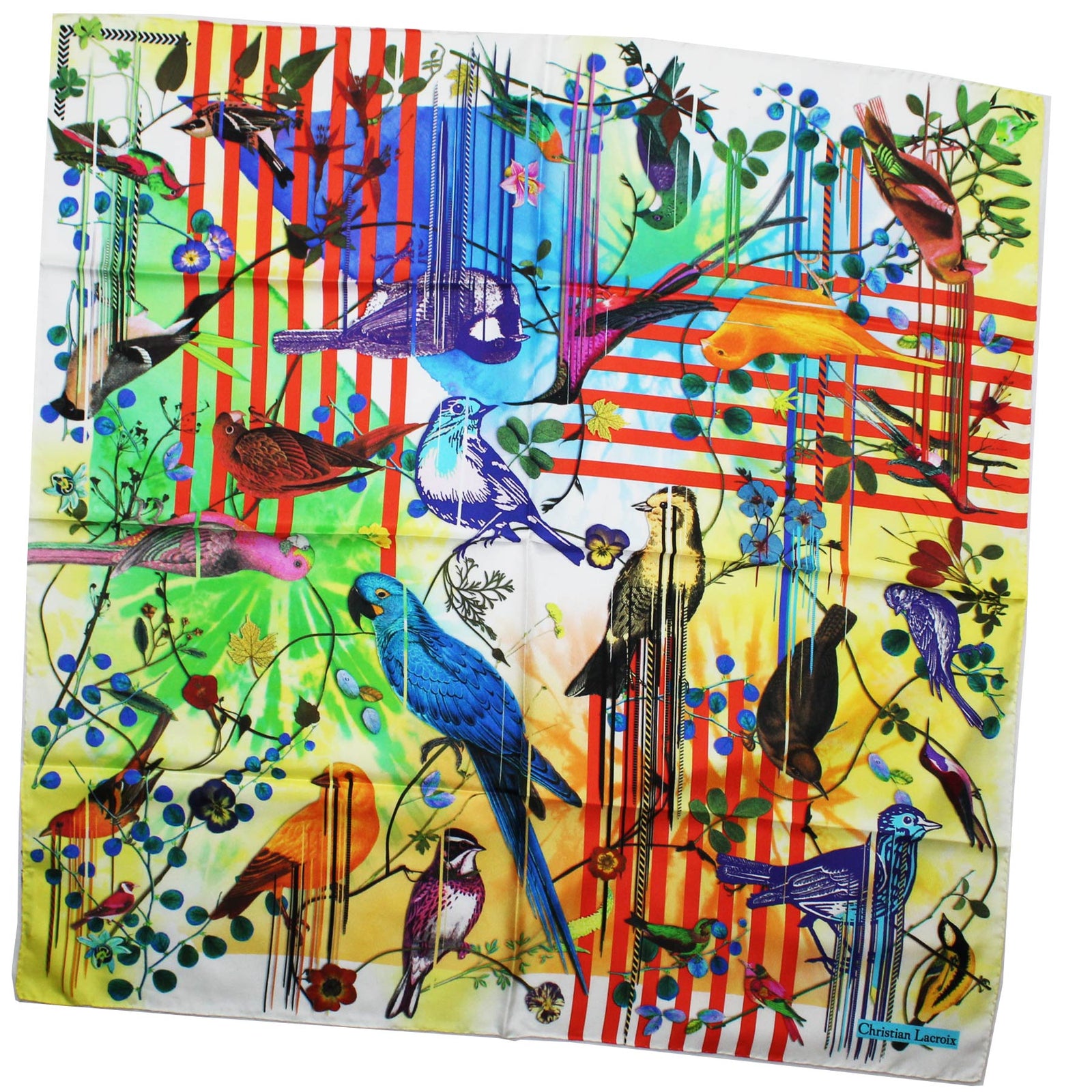 Christian Lacroix Scarf Yellow Blue Orange Birds Design - Large 36 Inch Square Twill Silk Scarf