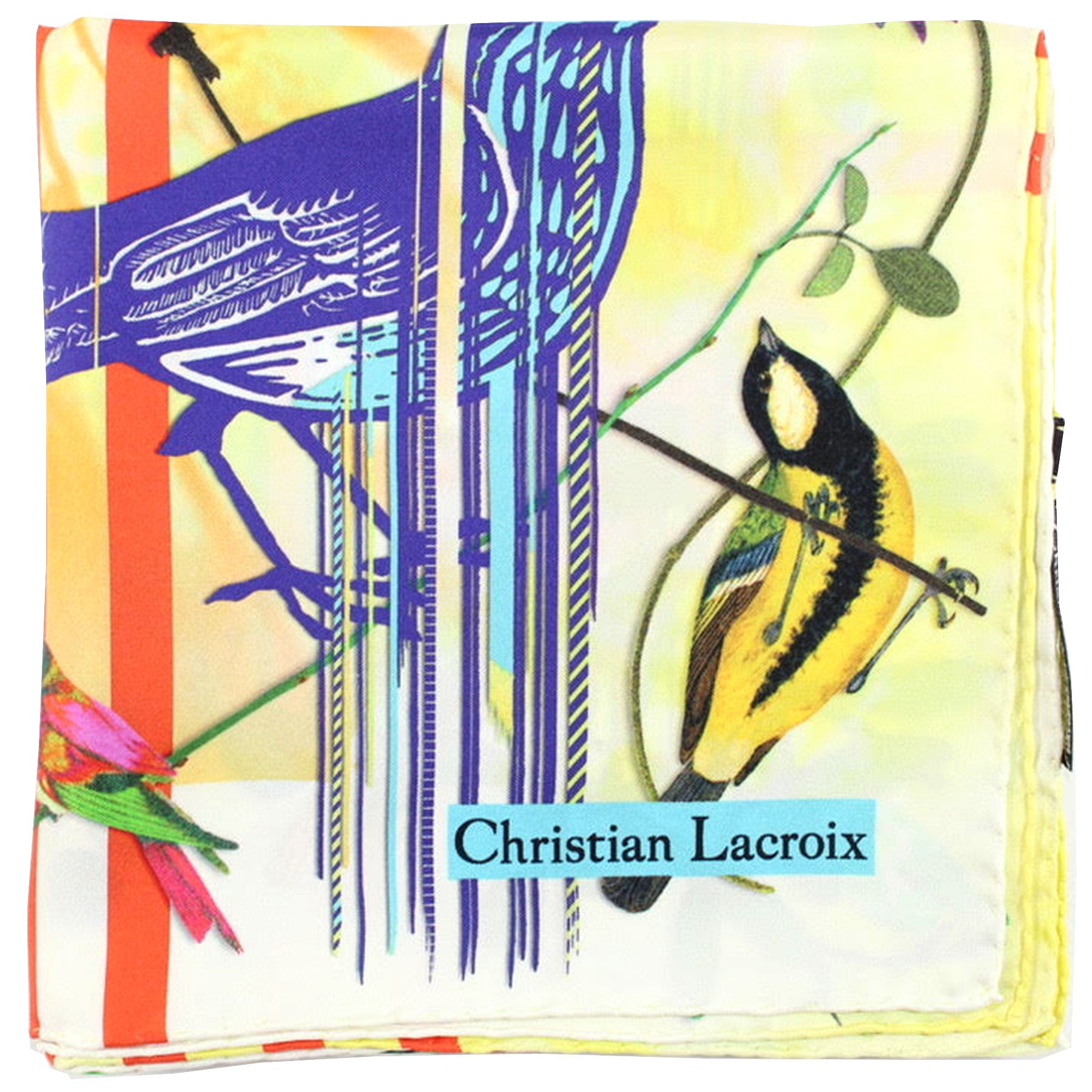 Christian Lacroix Scarf Yellow Blue Orange Birds Design - Large 36 Inch Square Twill Silk Scarf