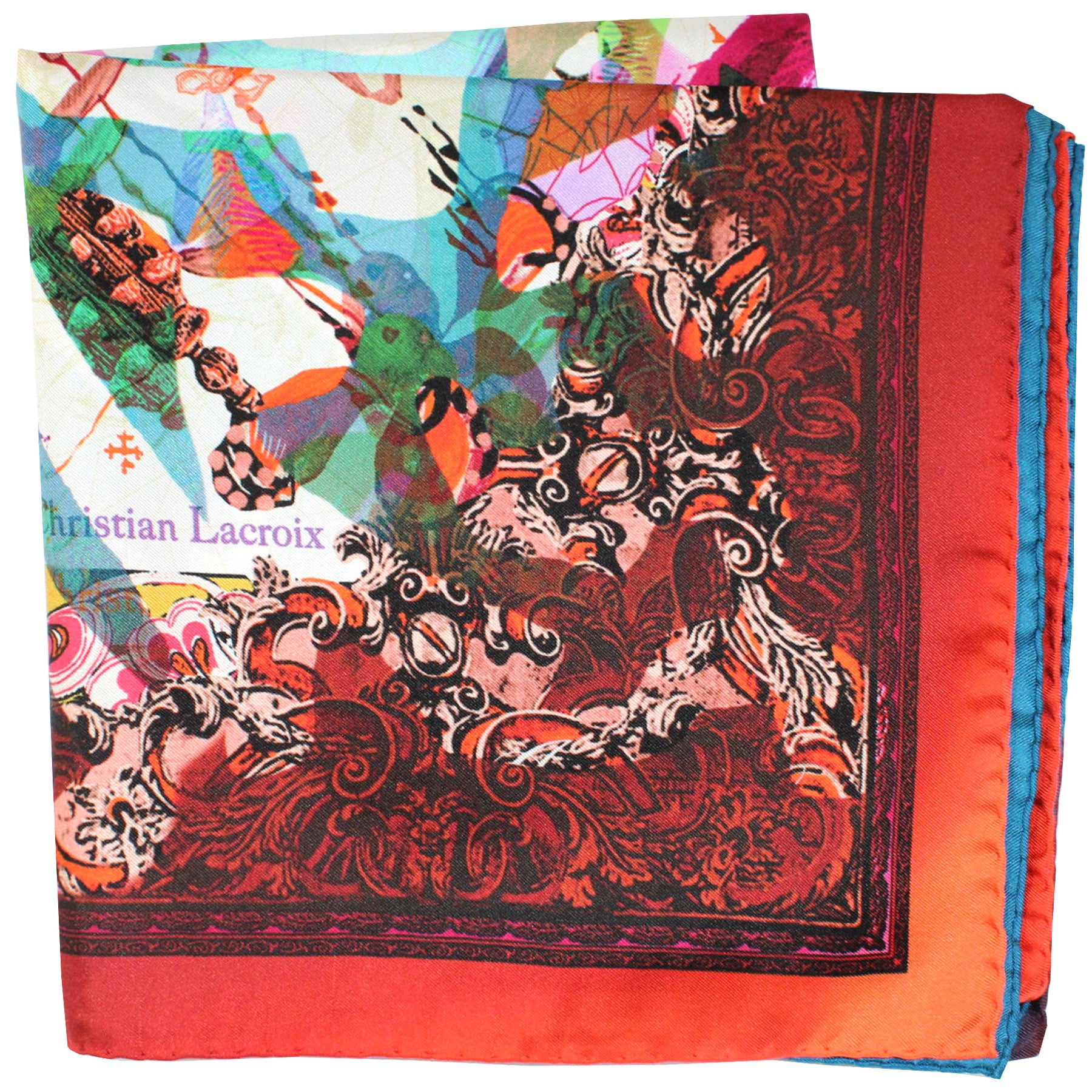 Christian Lacroix Scarf Red Blue Green Ornamental - Large 36 Inch Square Twill Silk Scarf