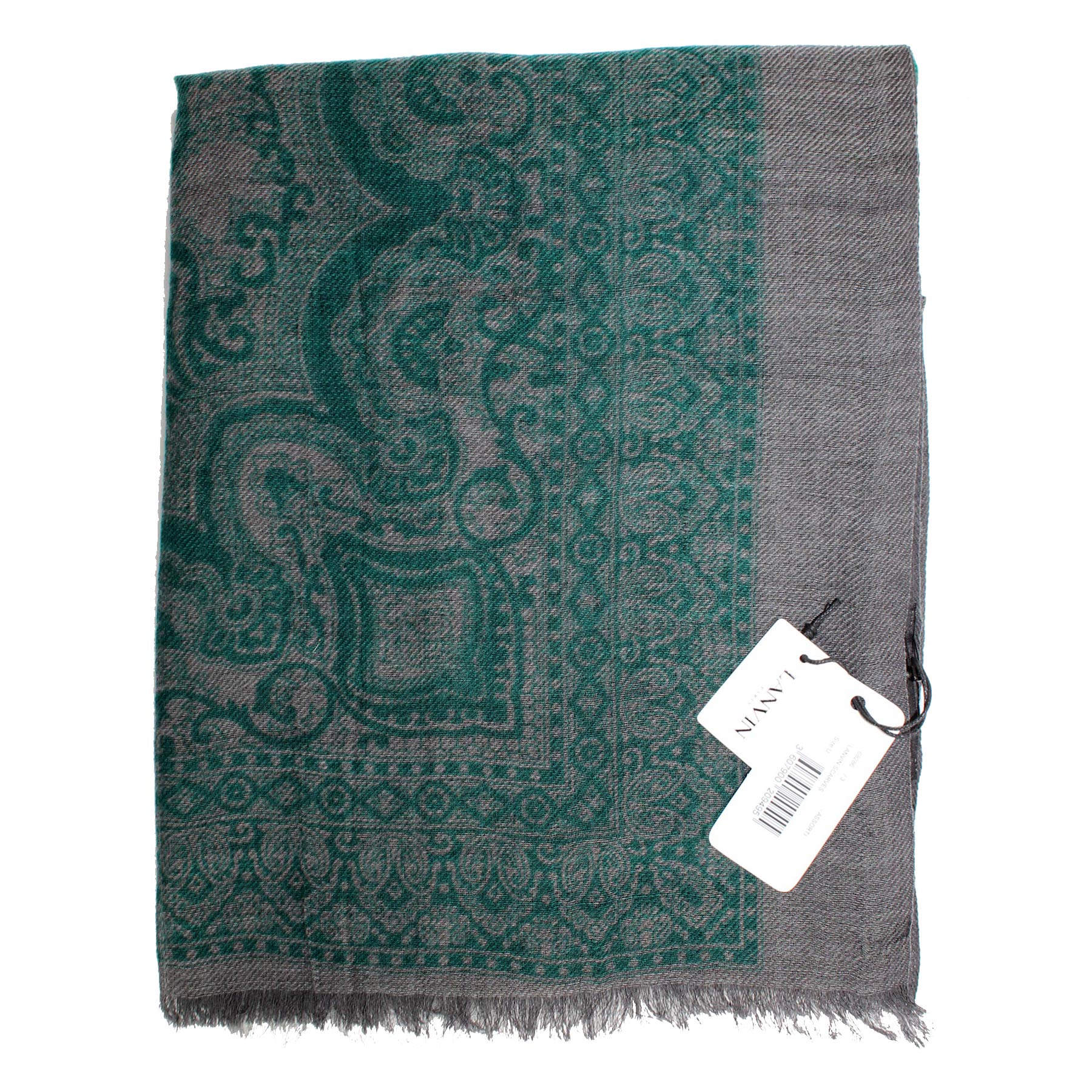 Lanvin Scarf Gray Emerald Green Ornamental - Wool Shawl