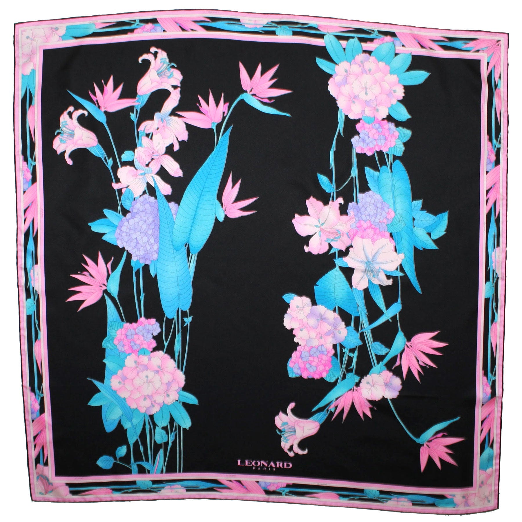 Leonard Scarf Black Pink Aqua Blue Floral - Large Square