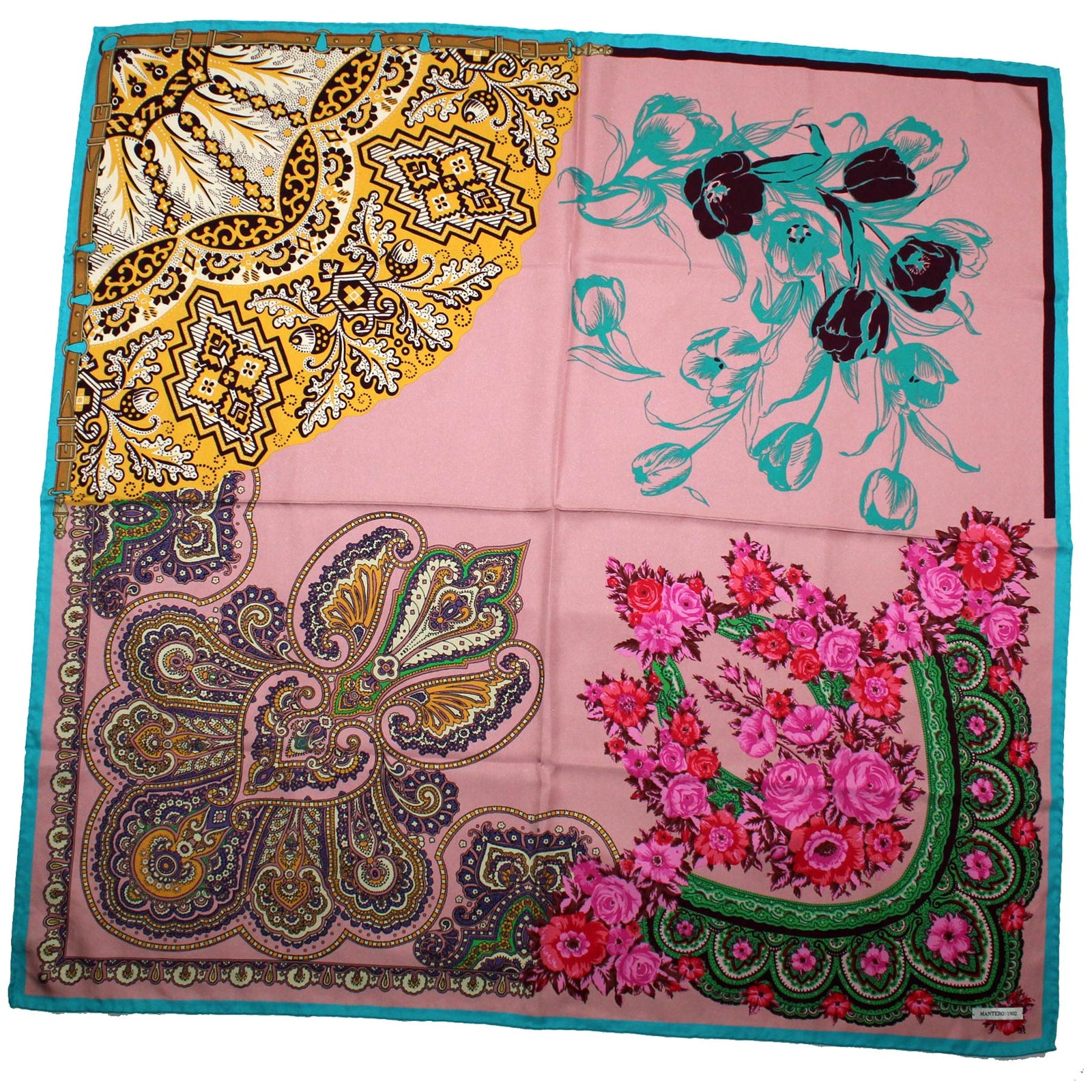 Mantero Scarf Pink Brown Aqua Ornamental - 36 Inch Twill Silk Foulard