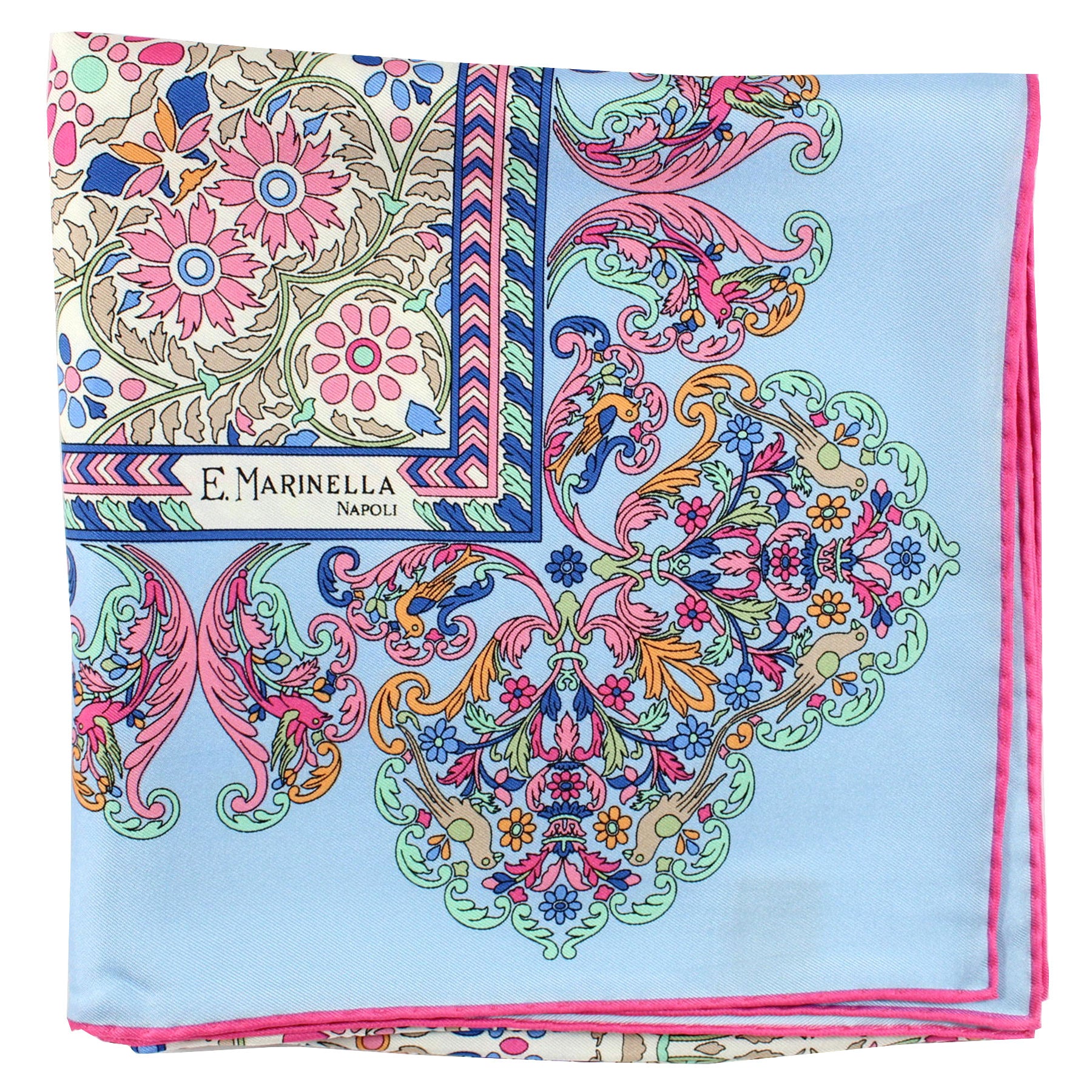 E. Marinella Scarf Blue Pink Ornamental Design - Large Twill Silk Square Foulard