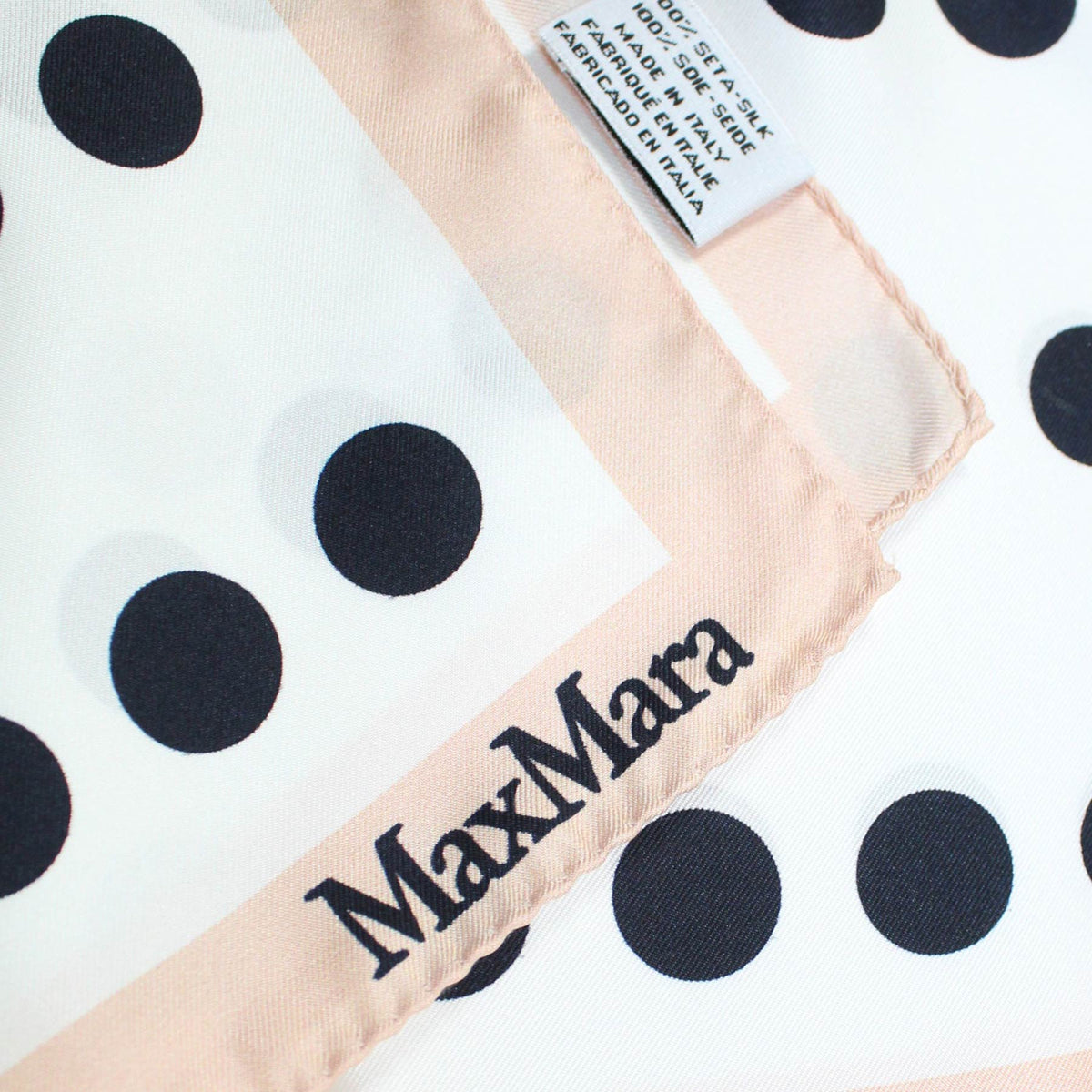 Max Mara Silk Scarf Black White Polka Dots Pink Border 