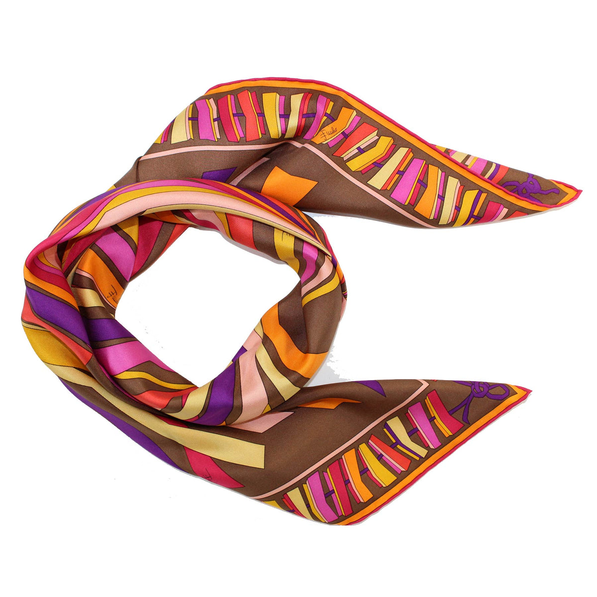 Emilio Pucci Silk Scarf Brown Signature Design - Large Twill Silk Square Scarf