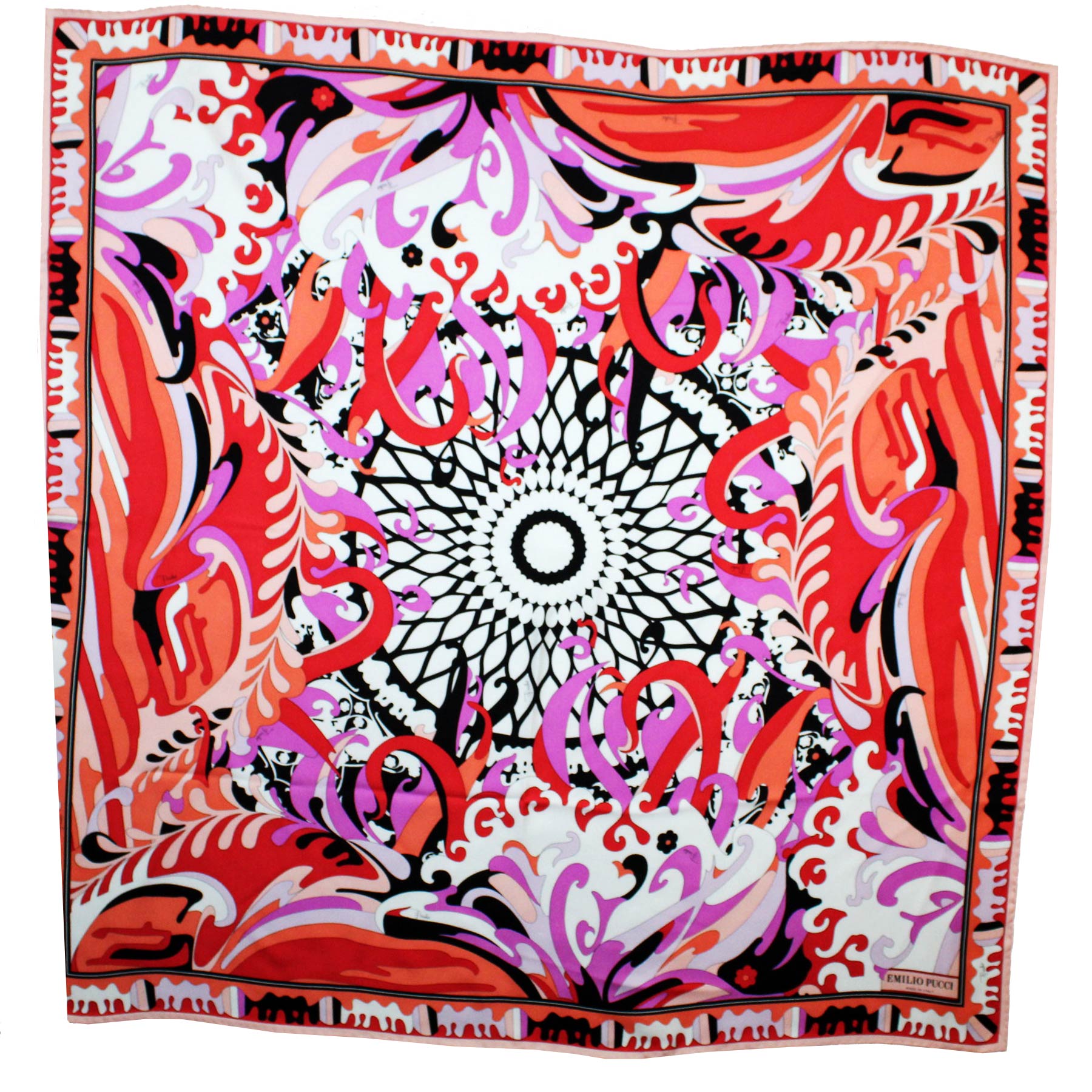 Emilio Pucci Silk Scarf Orange Red Lilac Ornamental - Large Emilio Pucci Silk Scarf Orange Red Lilac Ornamental - Large