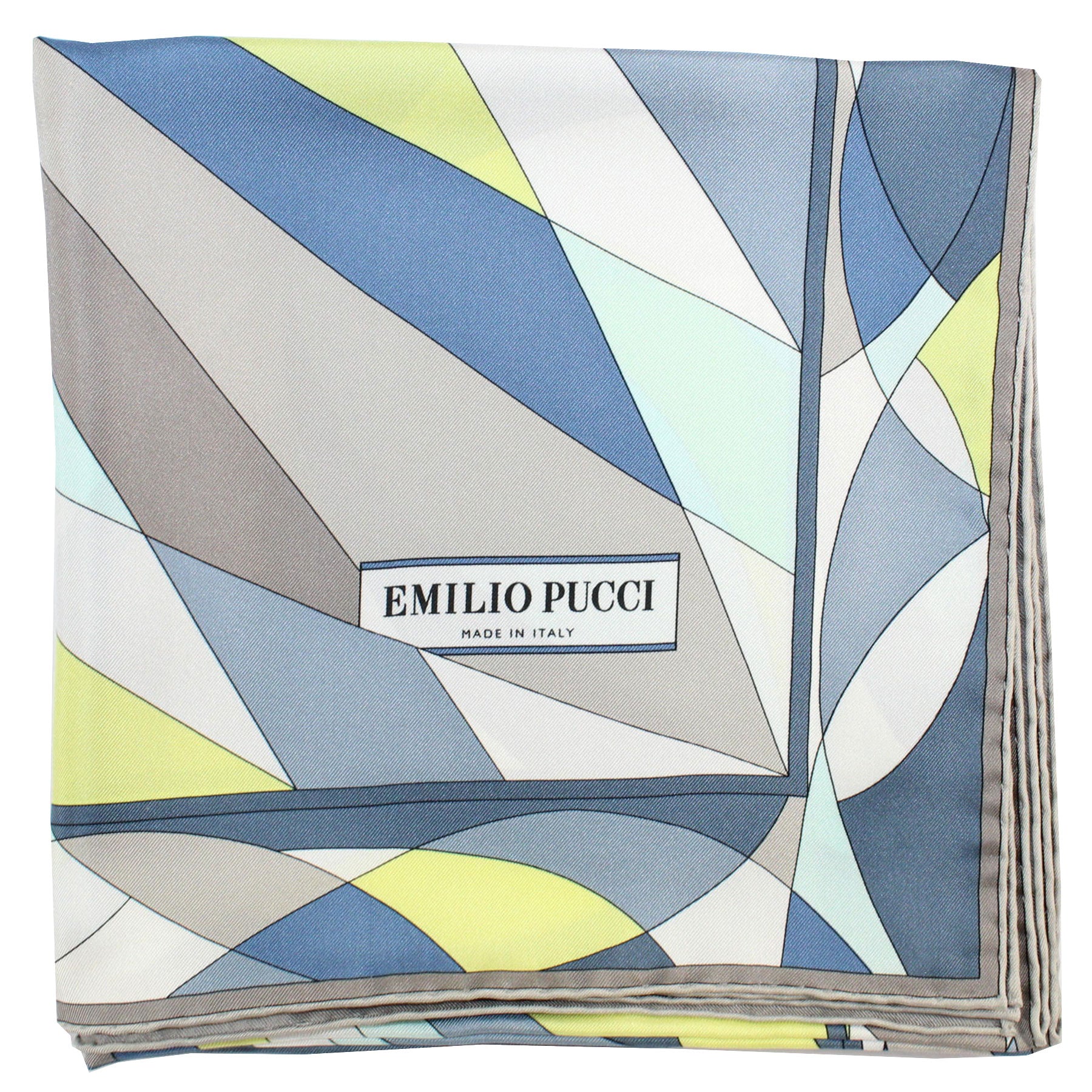 Emilio Pucci Silk Scarf Gray Navy Yellow Design - Large Twill Silk Square Scarf