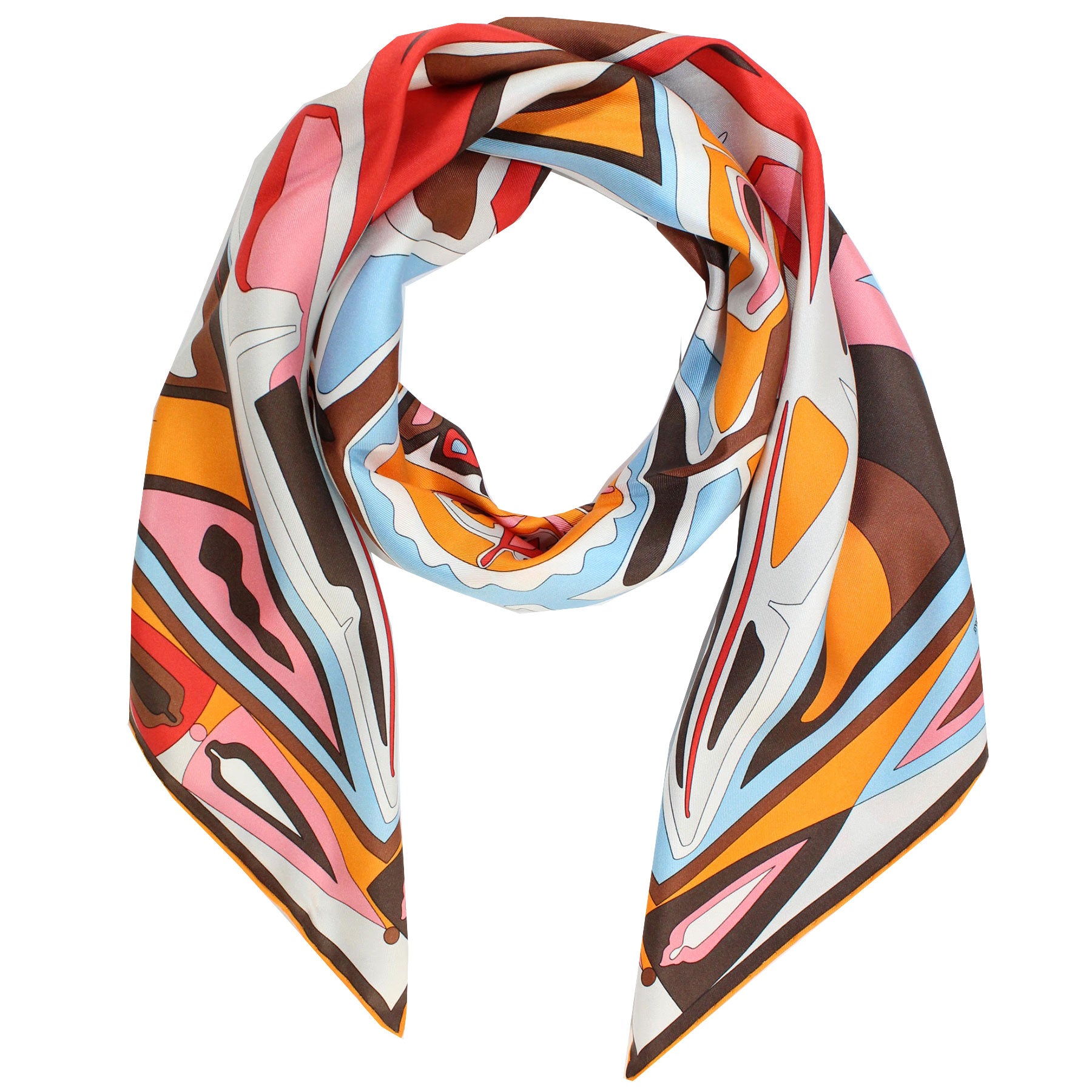 Emilio Pucci Silk Scarf Orange Red Brown Medallions Design - Large Twill Silk Square Scarf