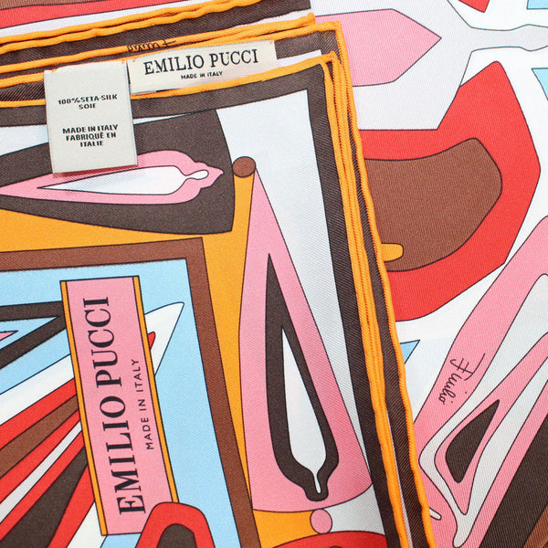 Emilio Pucci Silk Scarf Orange Red Brown Medallions Twill Silk