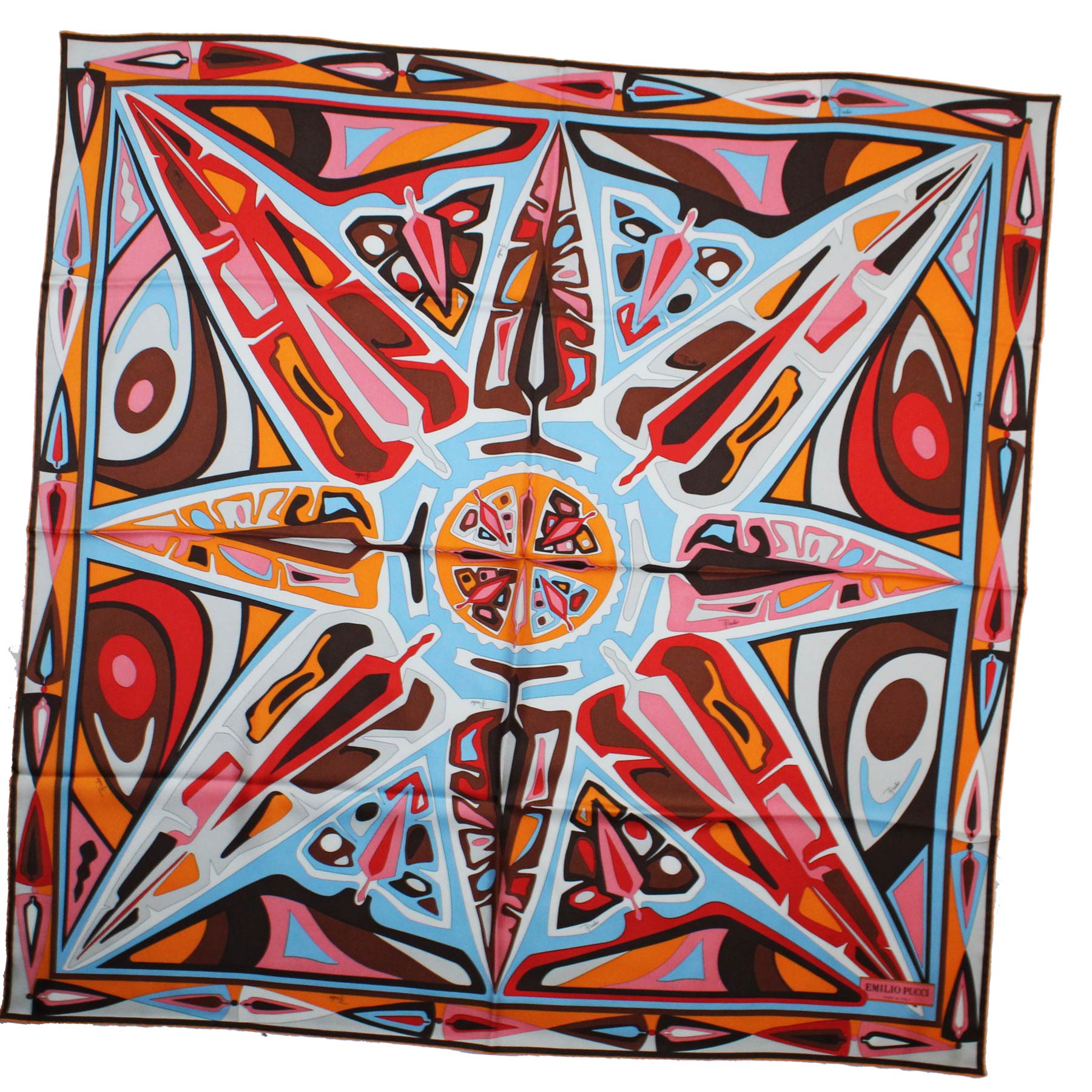 Emilio Pucci Silk Scarf Orange Red Brown Medallions Twill Silk