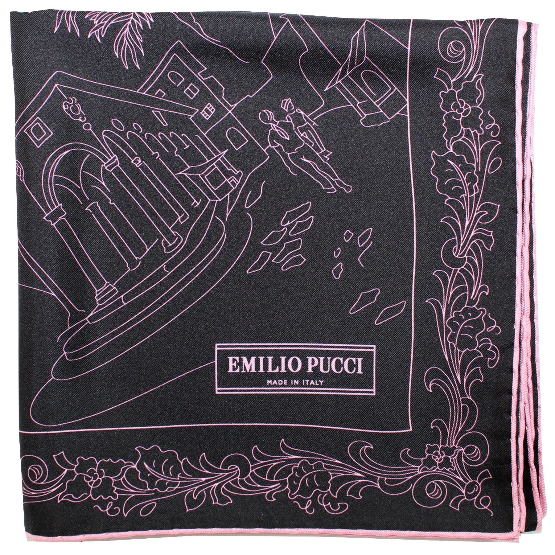 Emilio Pucci Scarf Black Pink Ornamental - Twill Silk Square Foulard